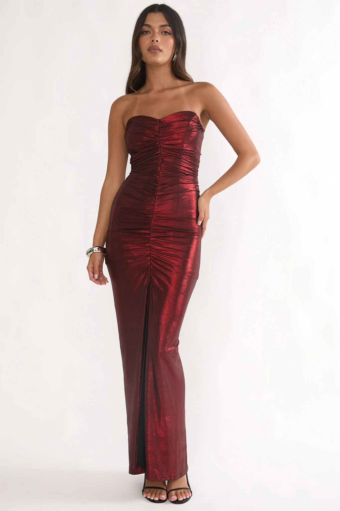 Nerina Strapless Ruched Maxi Dress Red - luluinthesky