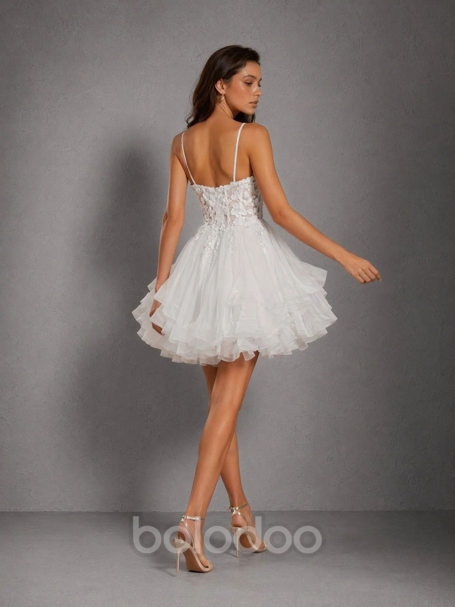 BOLODOO Ivory 3D Floral Lace Corset Deep V Spaghetti Strap Tiered Tulle Mini Dress
