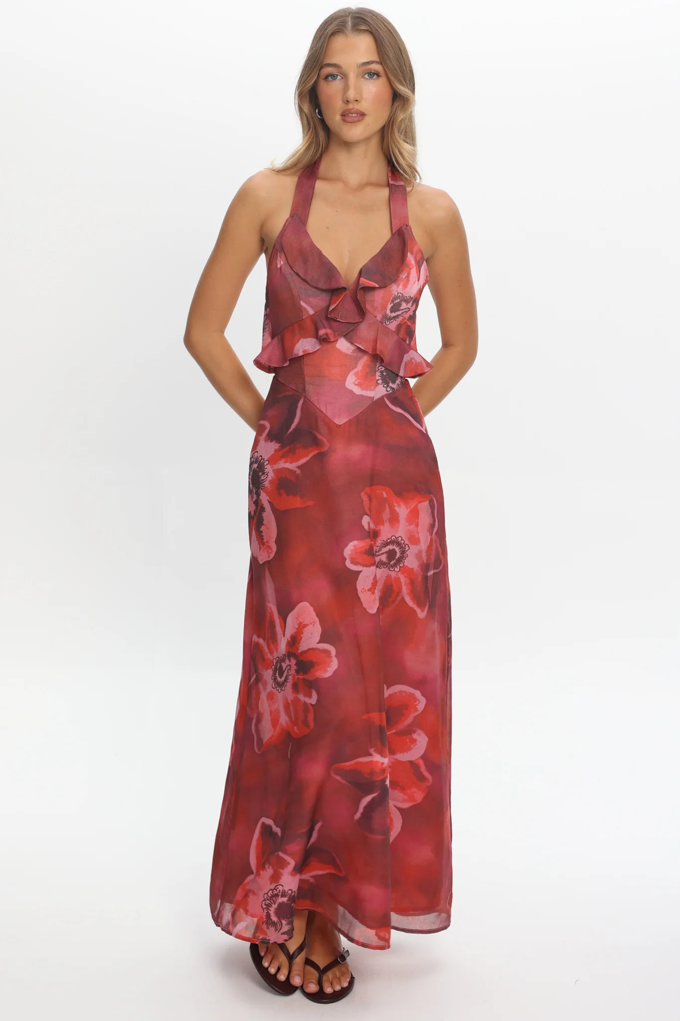 First Dates Frill Trim Maxi Dress Print Red - luluinthesky