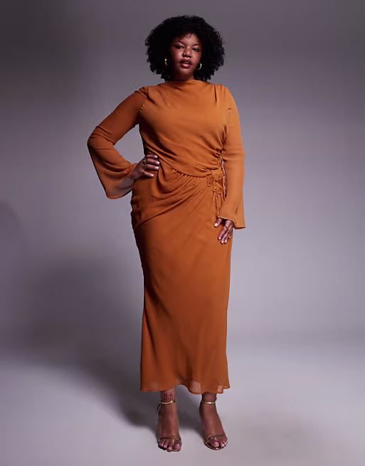 Curve chiffon maxi dress with 3D embroidered flower hip detail in orange