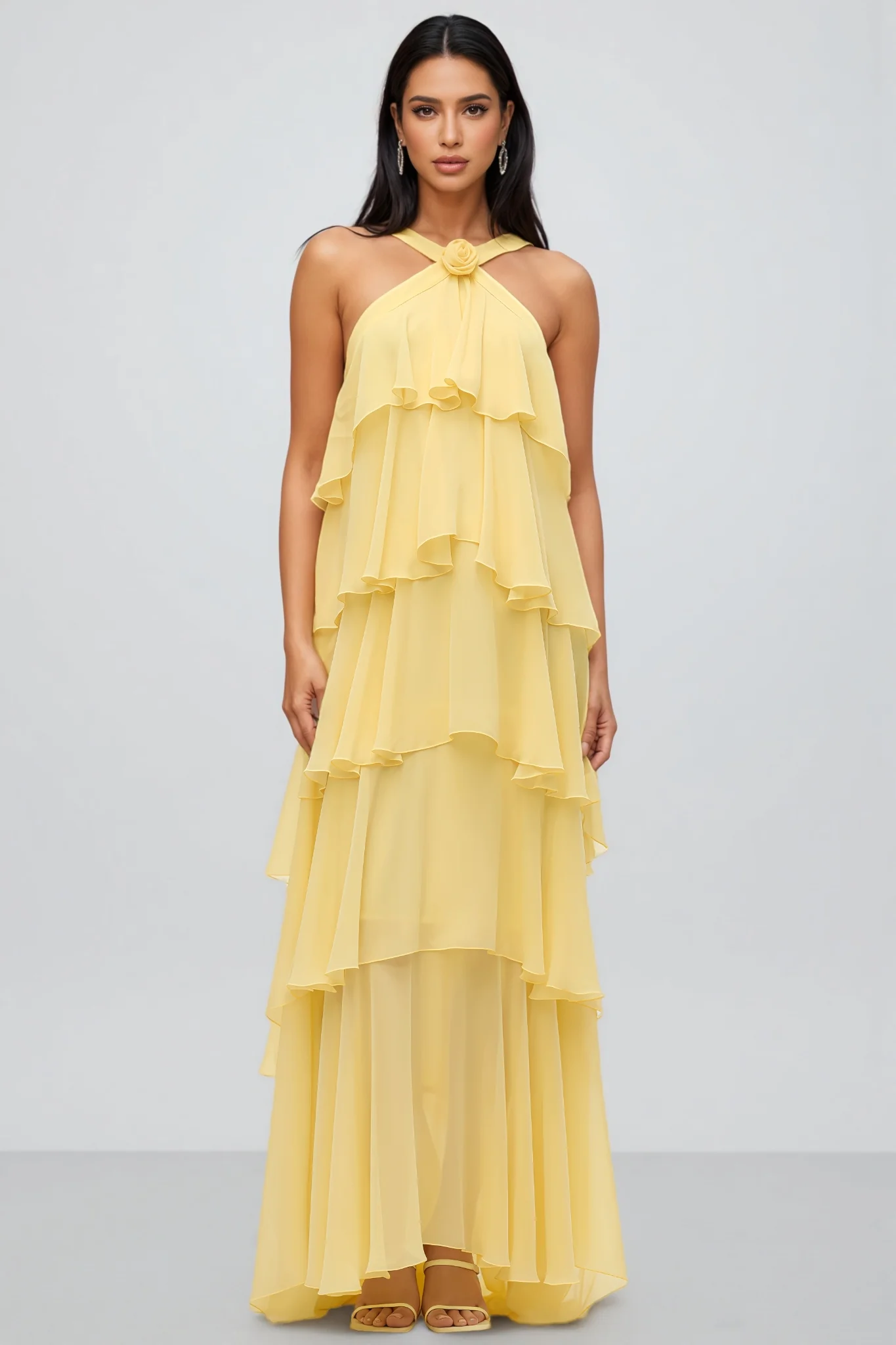 Kairot Yellow Backless 3D Flower Maxi Dress