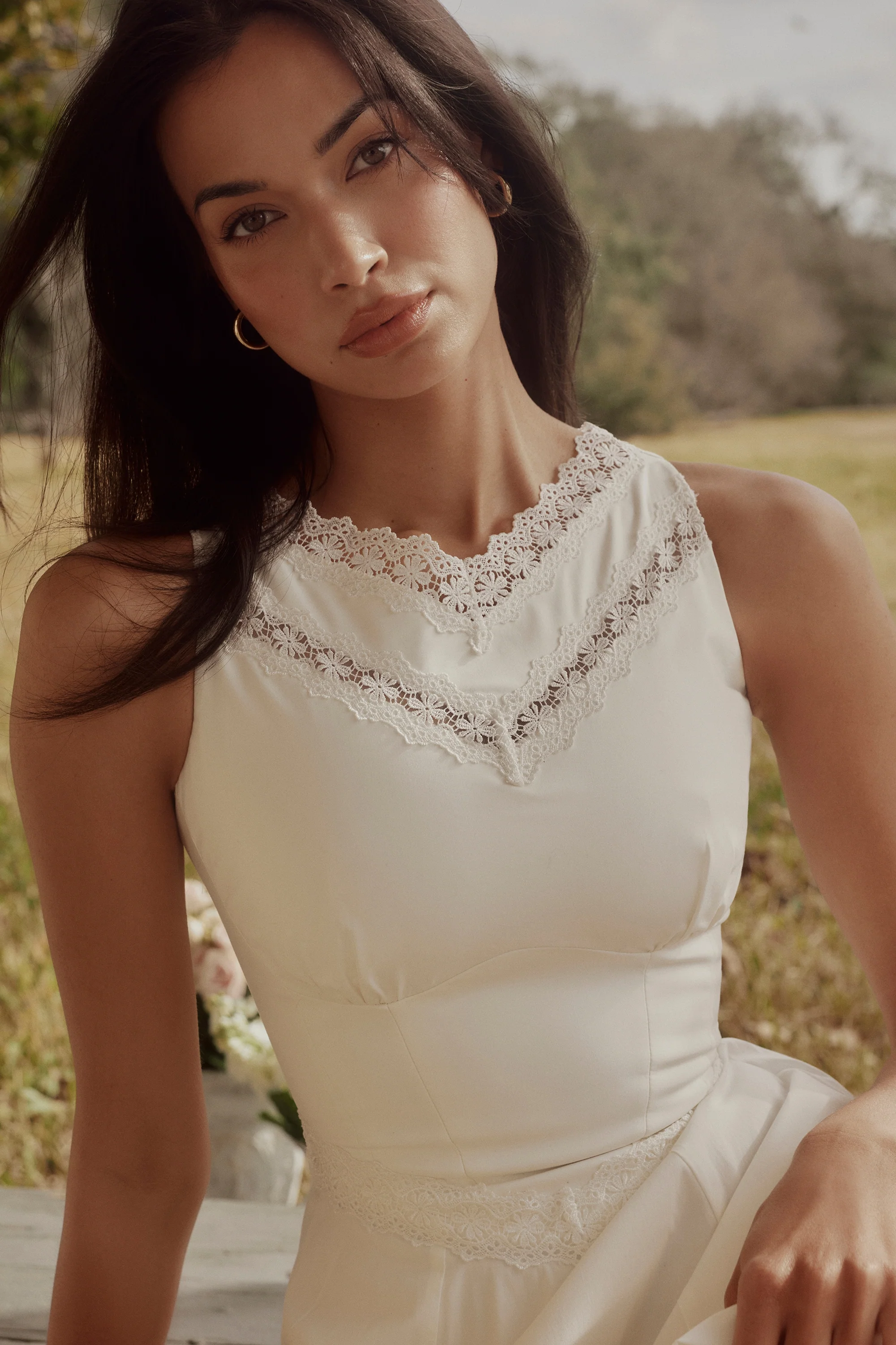 white cotton lace trim waist cinch midi dress - luluinthesky