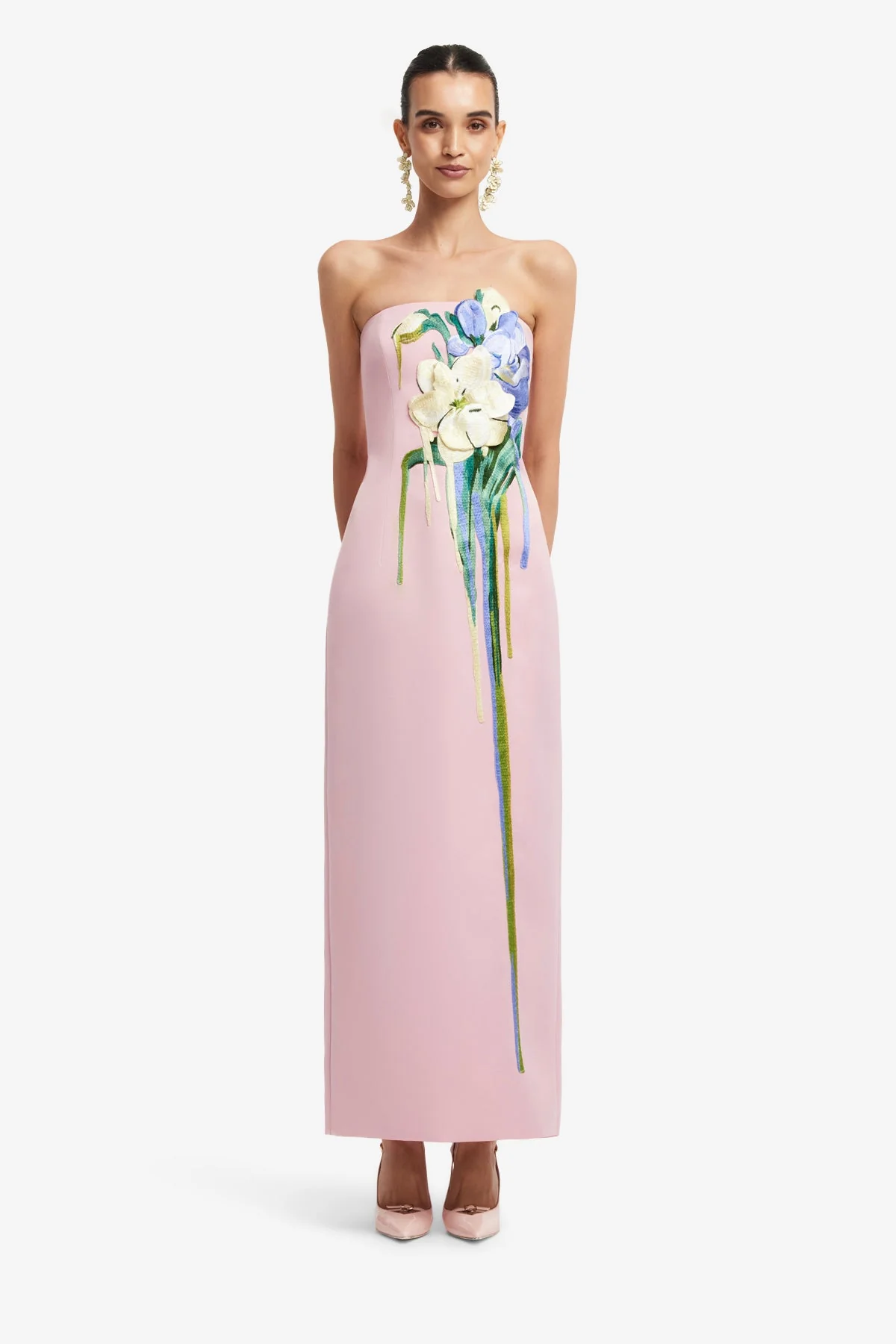 Rayna Embroidered Bustier Maxi Dress - Bouquet Print in Pastel Pink