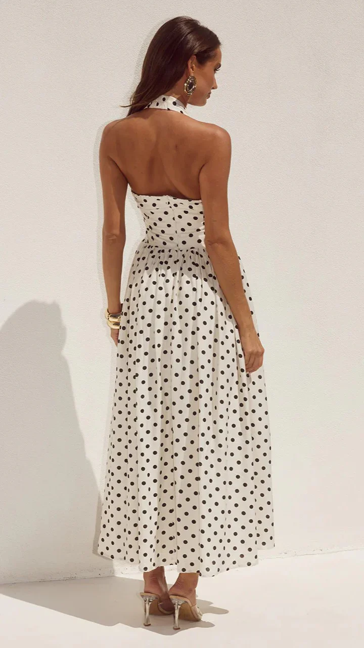 Sammi Halter Midi Dress - Cream/Black Polka