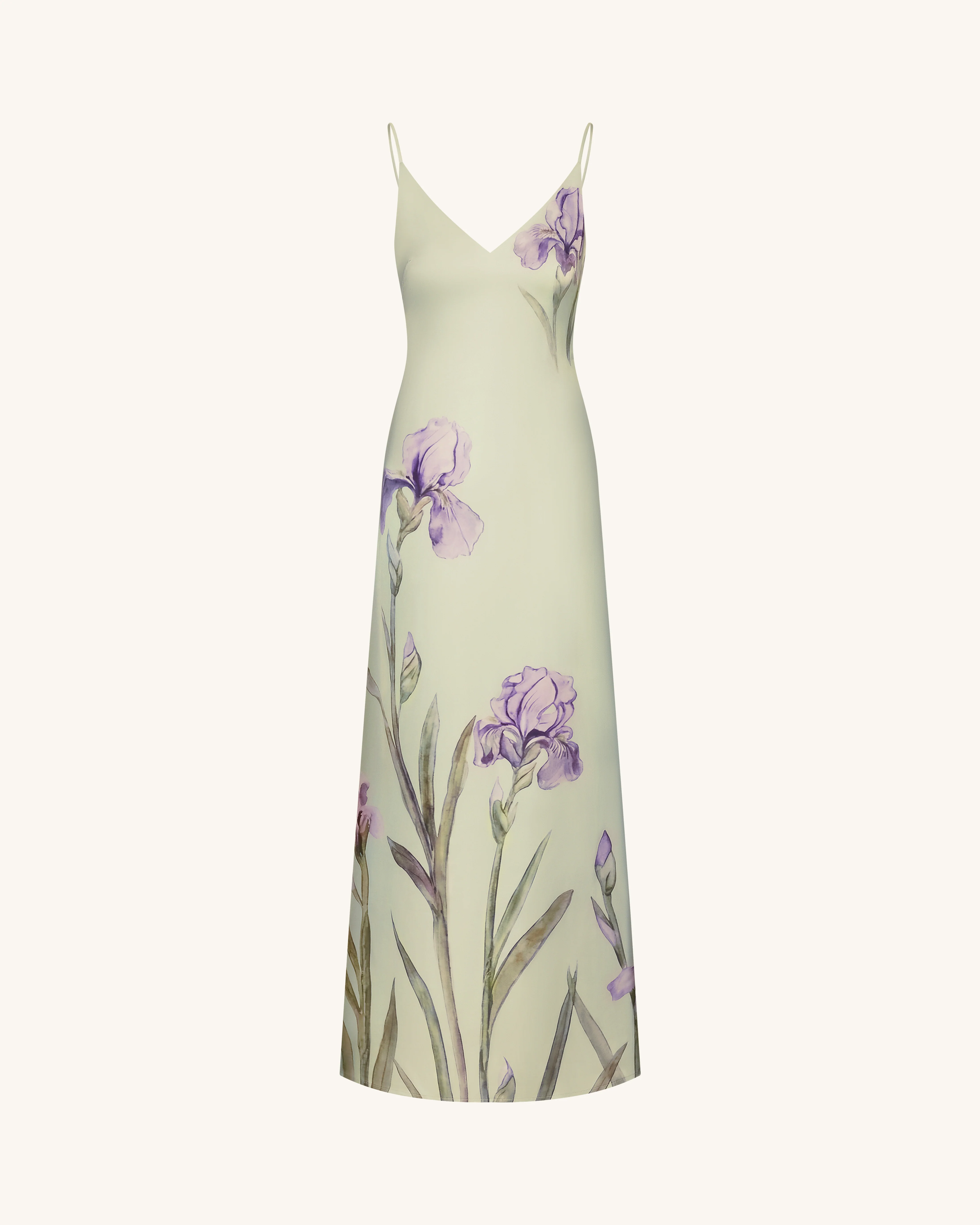 Iris Motif Satin Slip Gown - Light Green/Purple - FASHION NOB