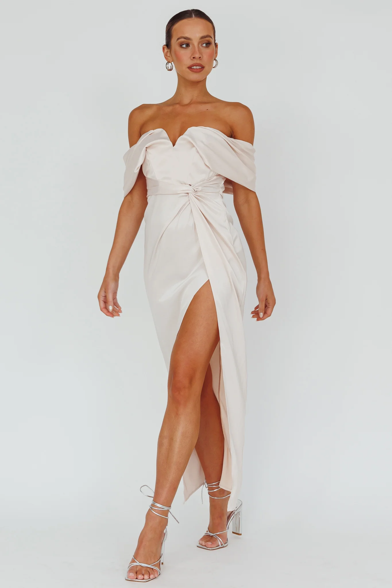 Amaryllis Off-Shoulder Twist Maxi Dress Pearl