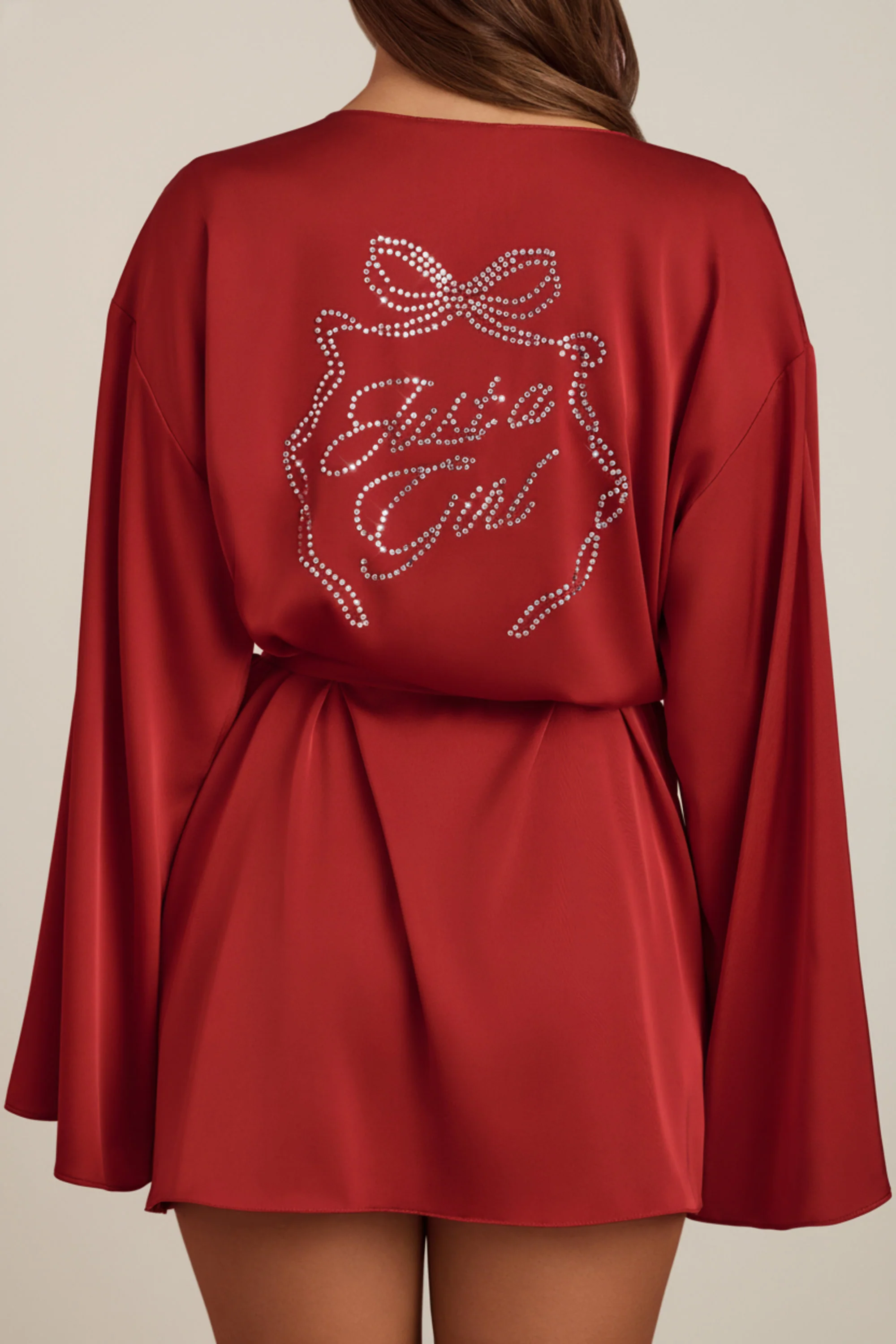 Embellished Loose-Fit Wrap-Over Robe in Ruby Red