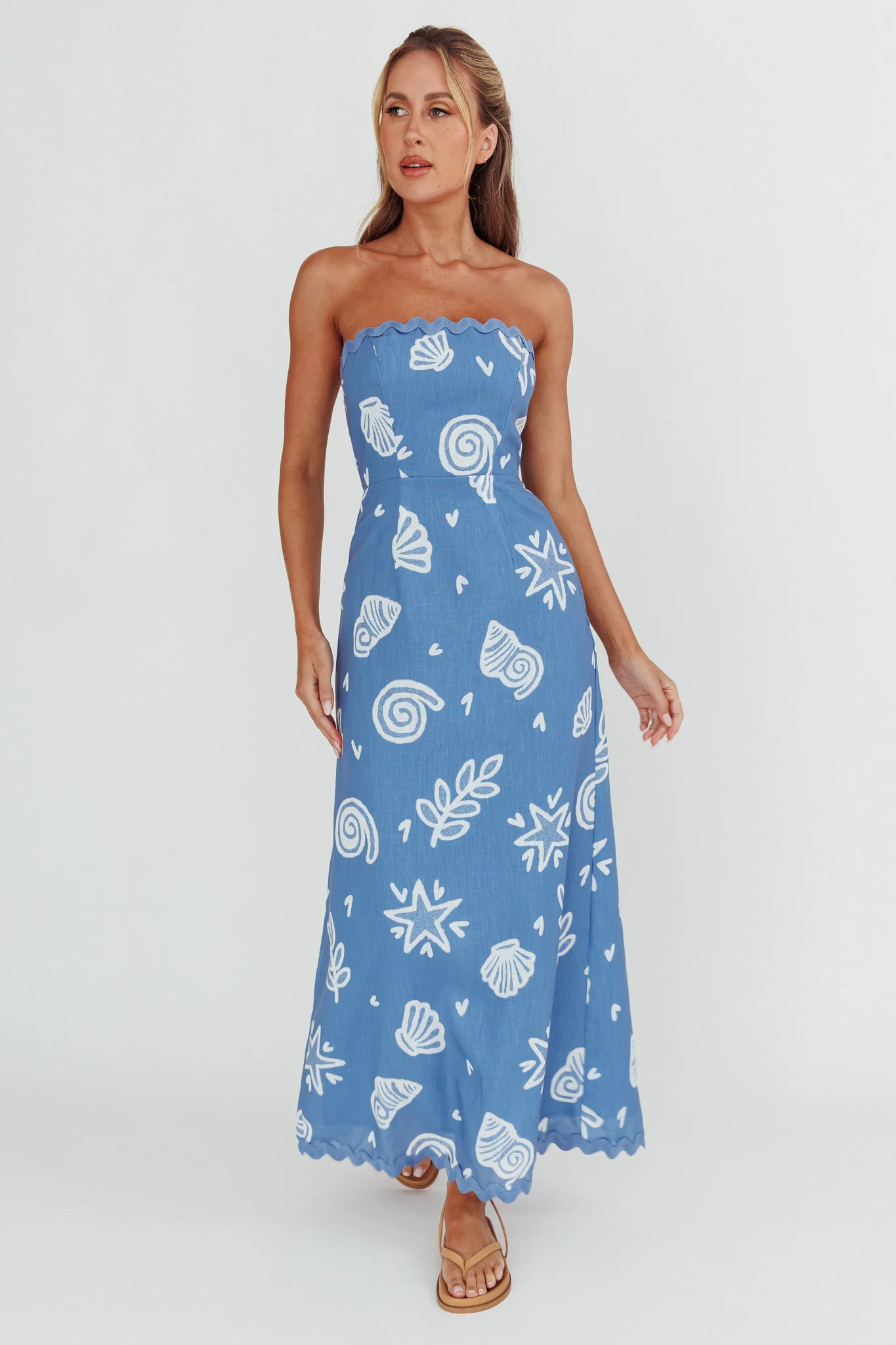 Cypress Ric Rac Trim Strapless Dress Shell Blue