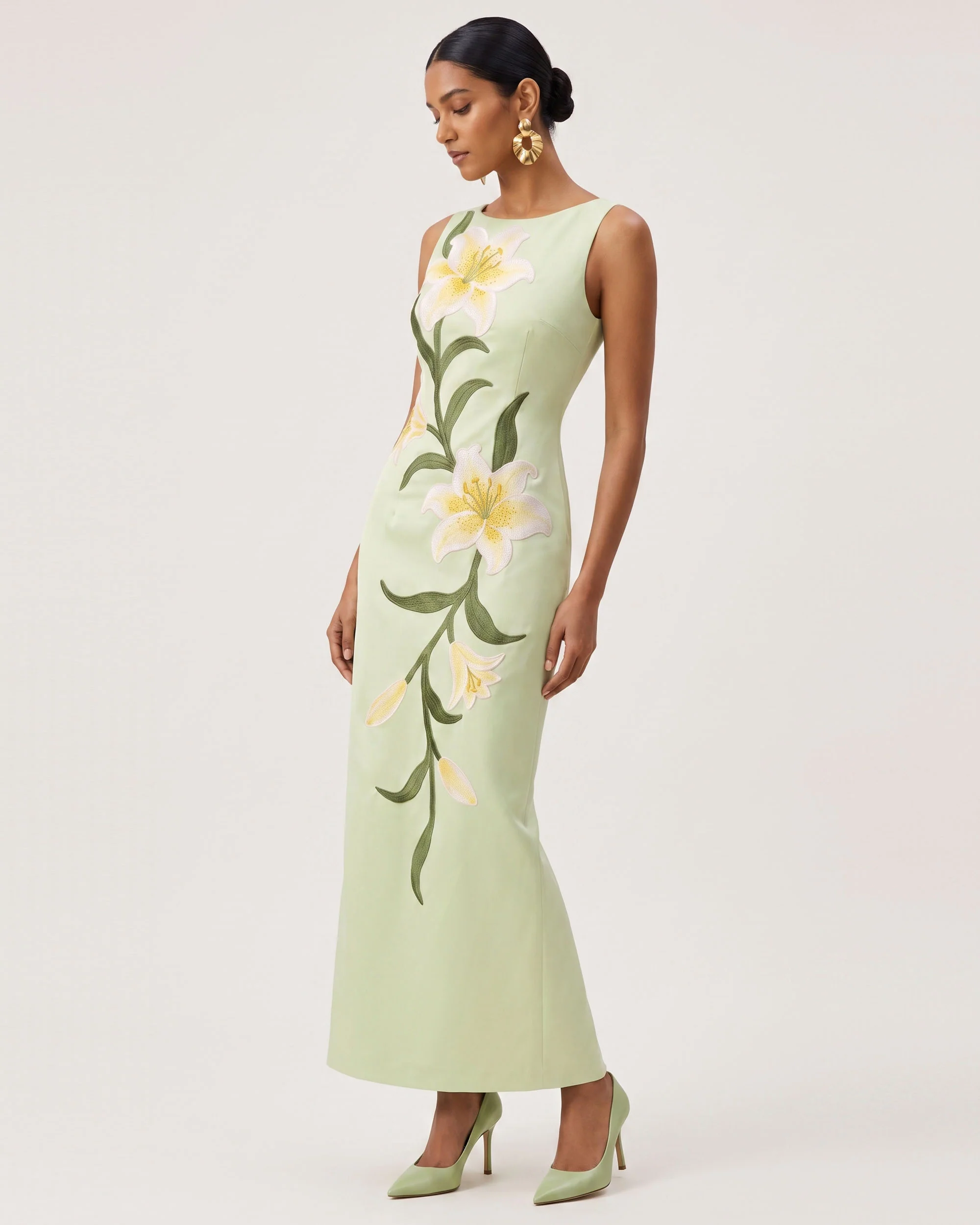 Lily Floral Print Sleeveless Column Maxi Dress - Pistachio Green - FASHION NOB