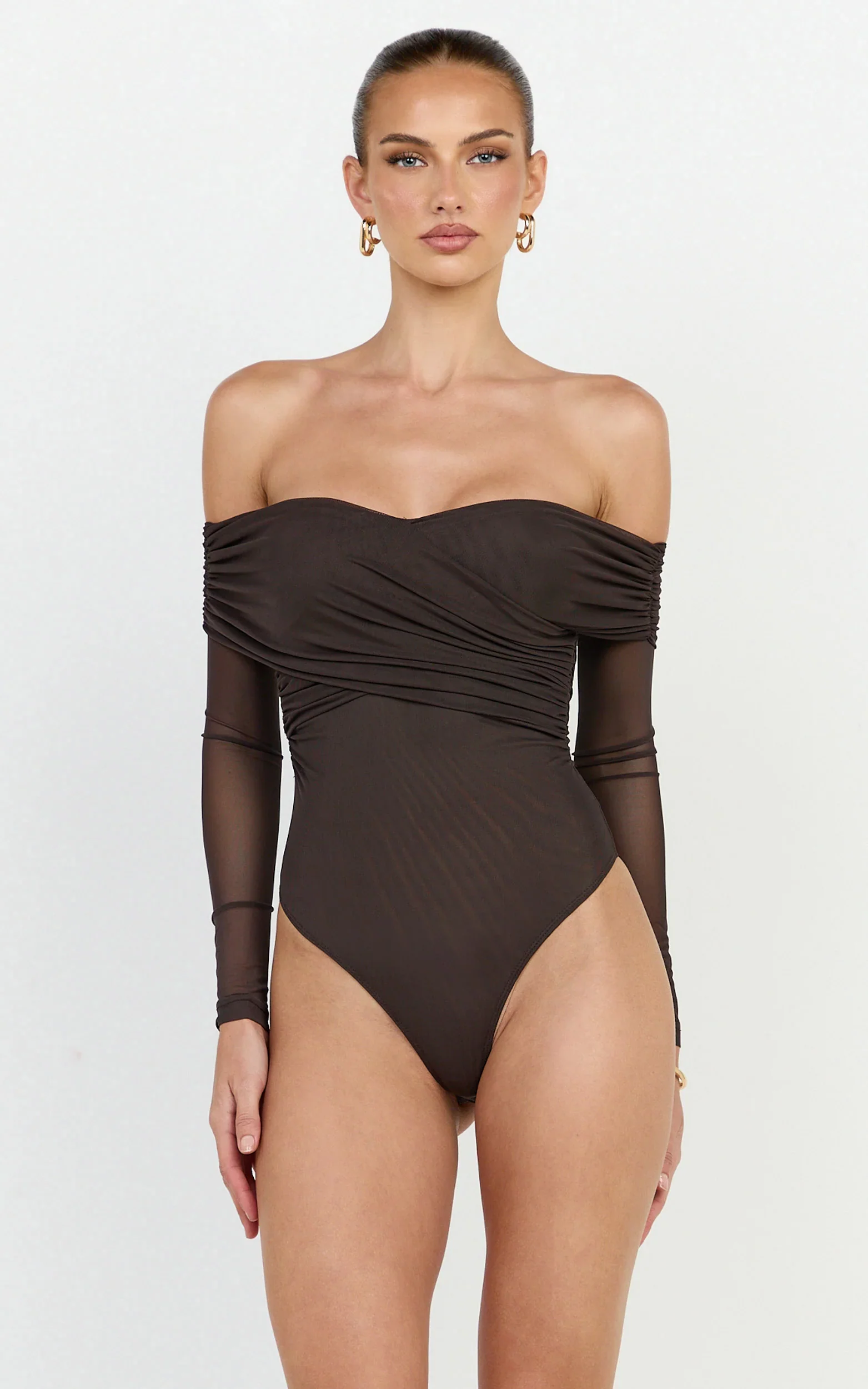 Opal Bodysuit - Long Sleeve Wrapped Off Shoulder Bodysuit in Chocolate