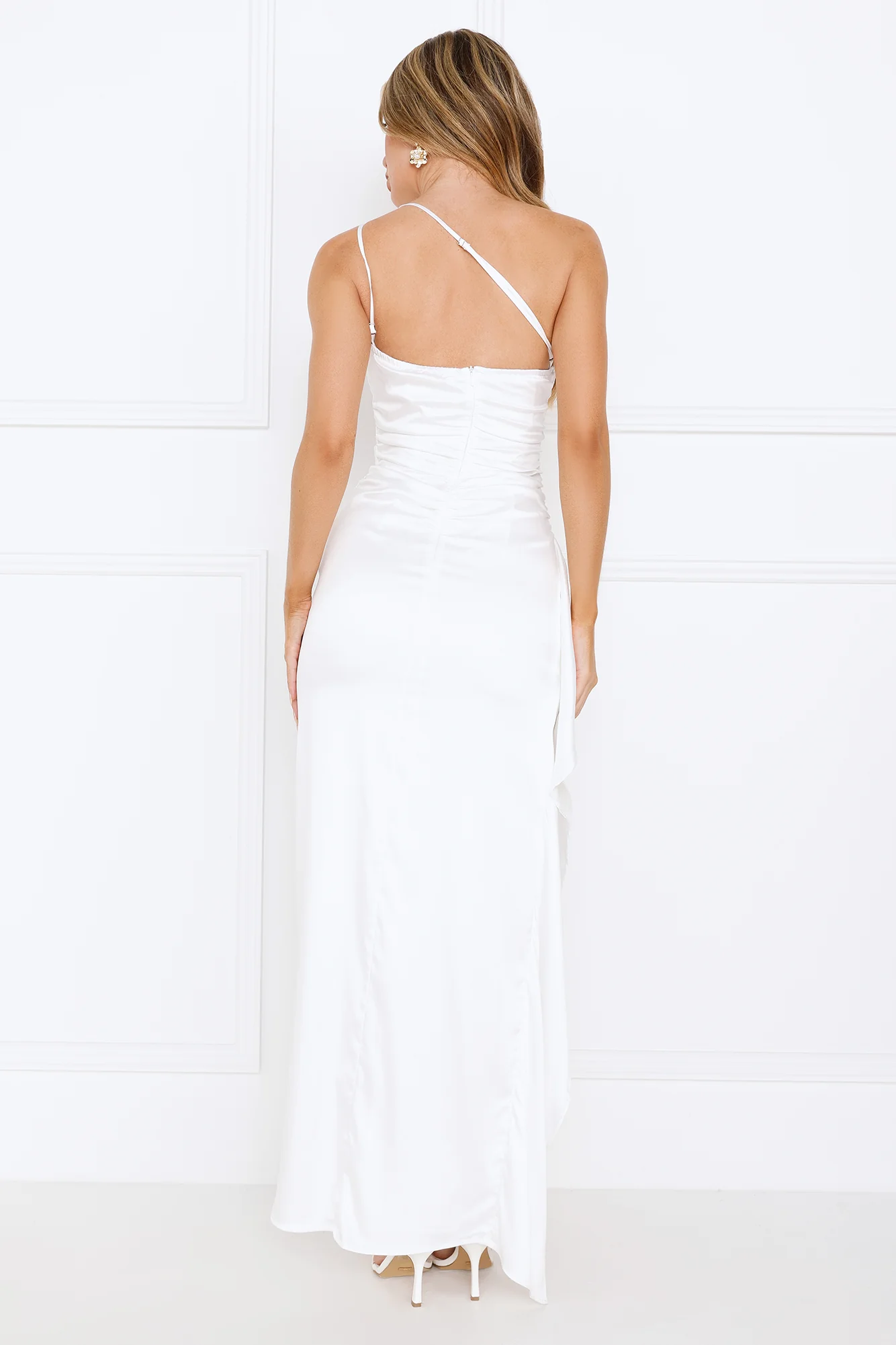 Extra Special One Shoulder Satin Maxi Dress White - luluinthesky