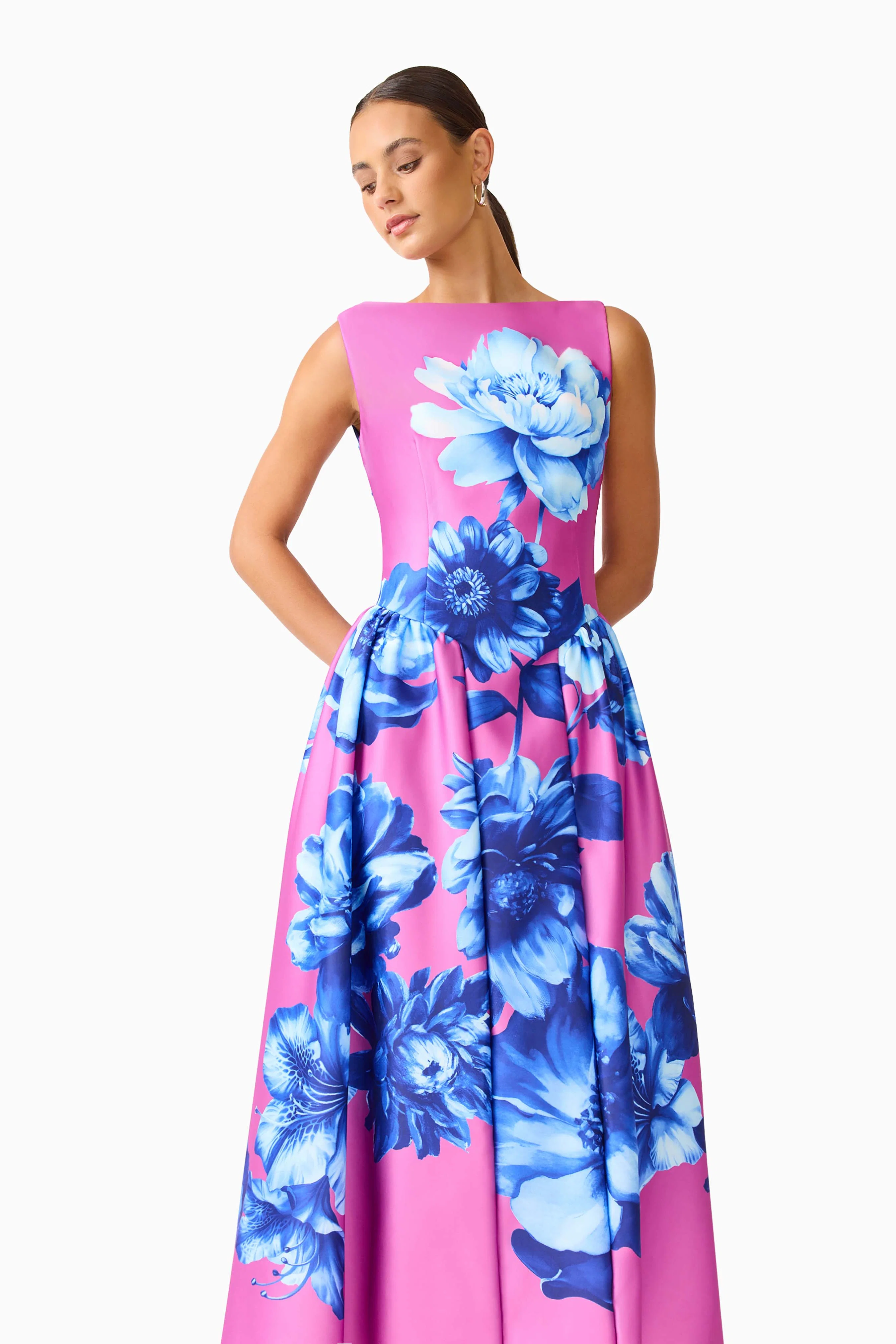 Sybella A-Line Midi Dress in Pink & Blue Floral