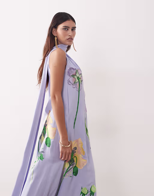 ARRANGE botanical floral embroidered one shoulder maxi dress in dusky blue