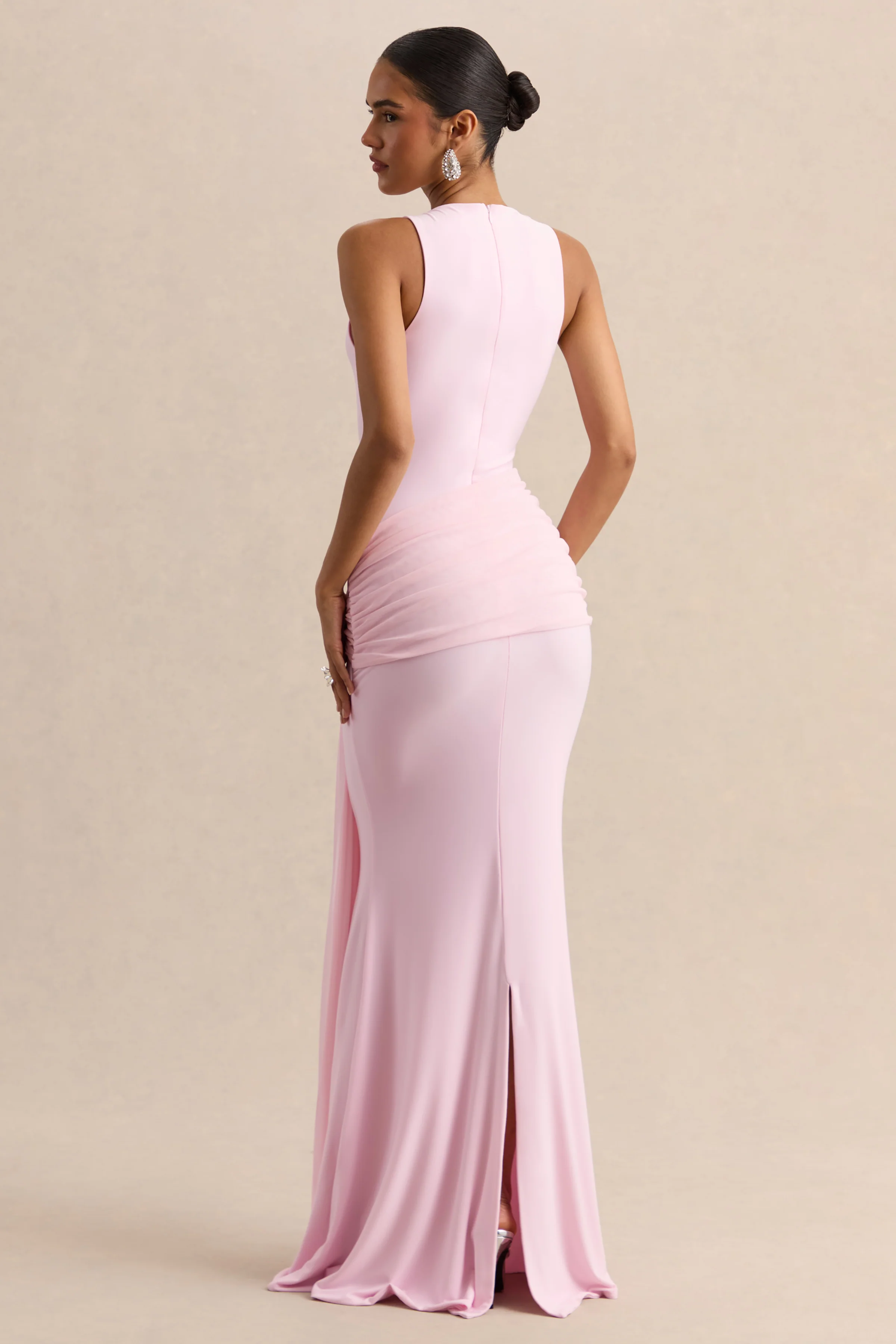 Mirene | Light Pink Round-Neck Maxi-Dress With Gathered-Detailing And Sash