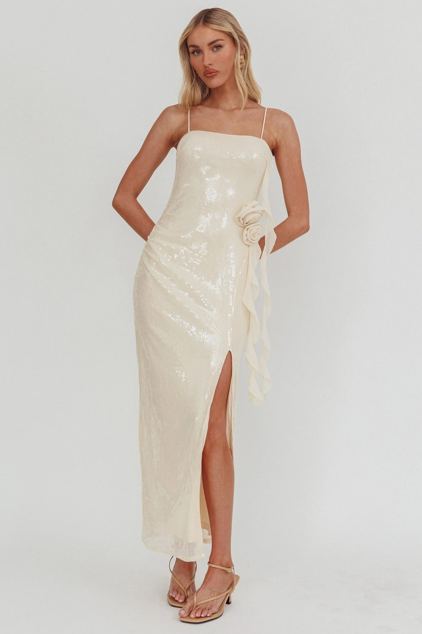 She Glows Cami Strap Sequin Maxi Dress Champagne - luluinthesky