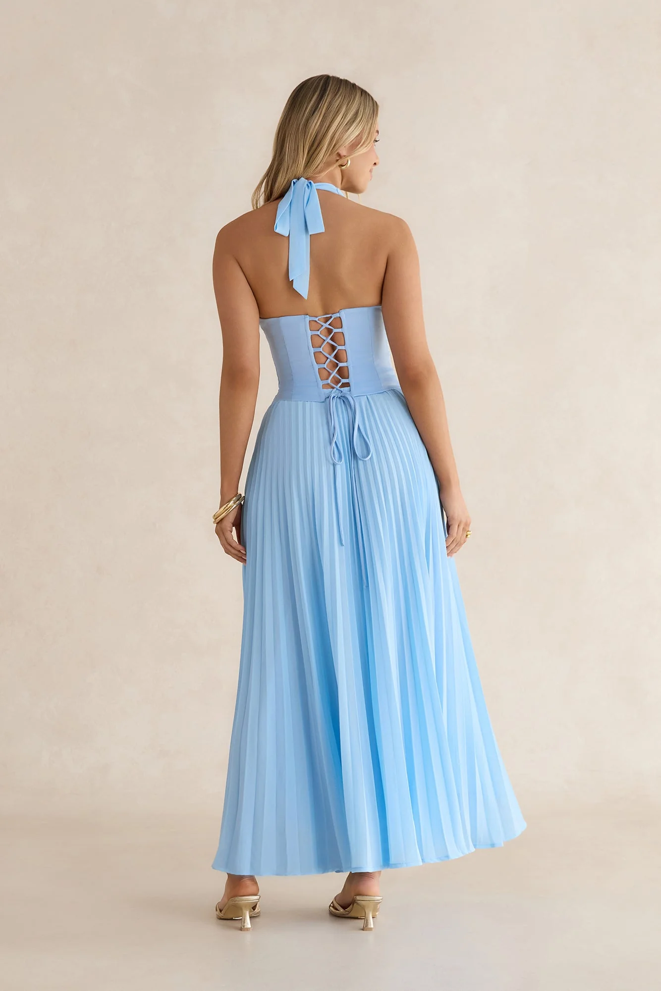 Paradise Falls Plisse Halter Maxi Dress Light Blue
