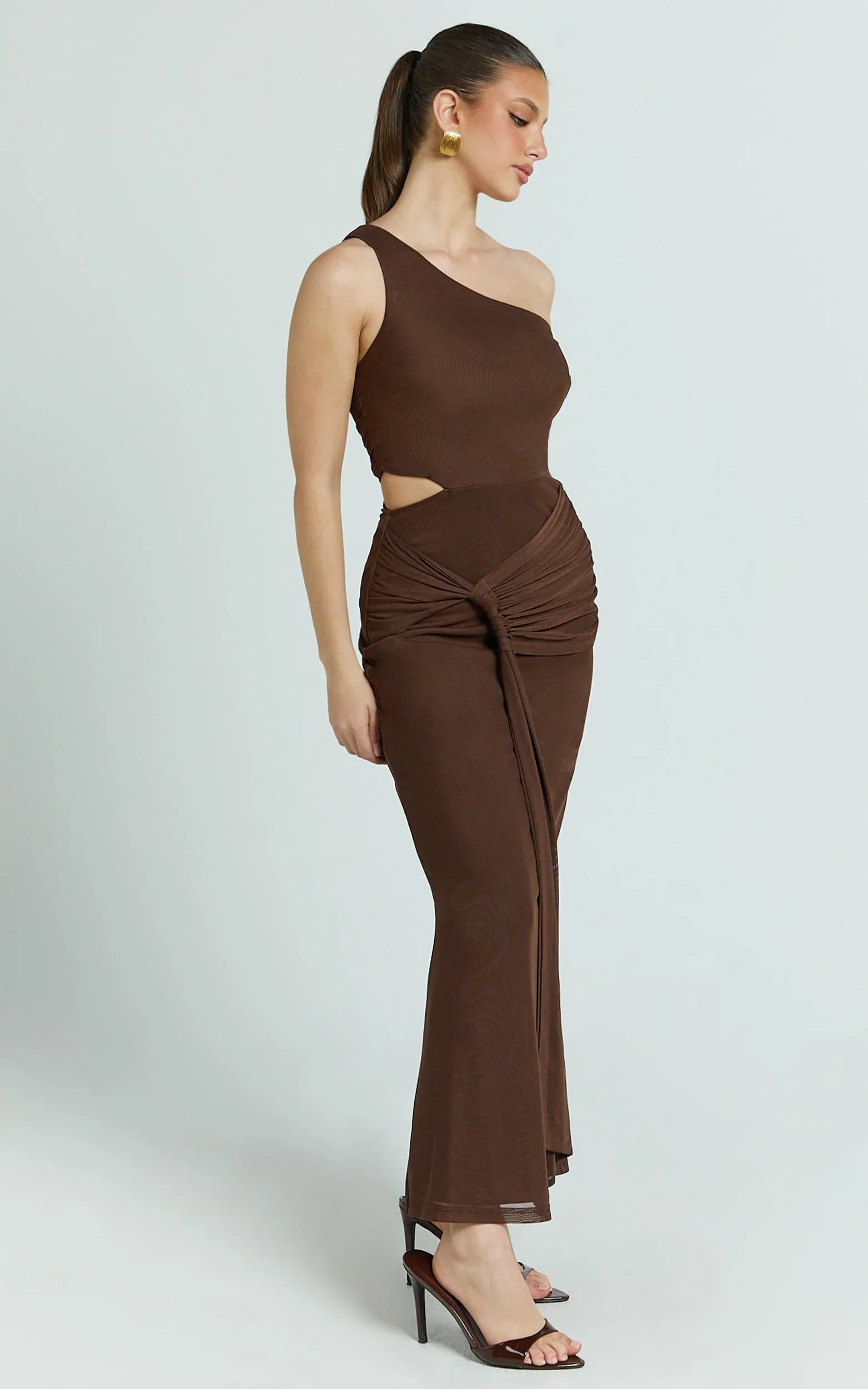 Mandy Midi Dress - Knot Detail Cut Out Mesh Dress in Chocolate