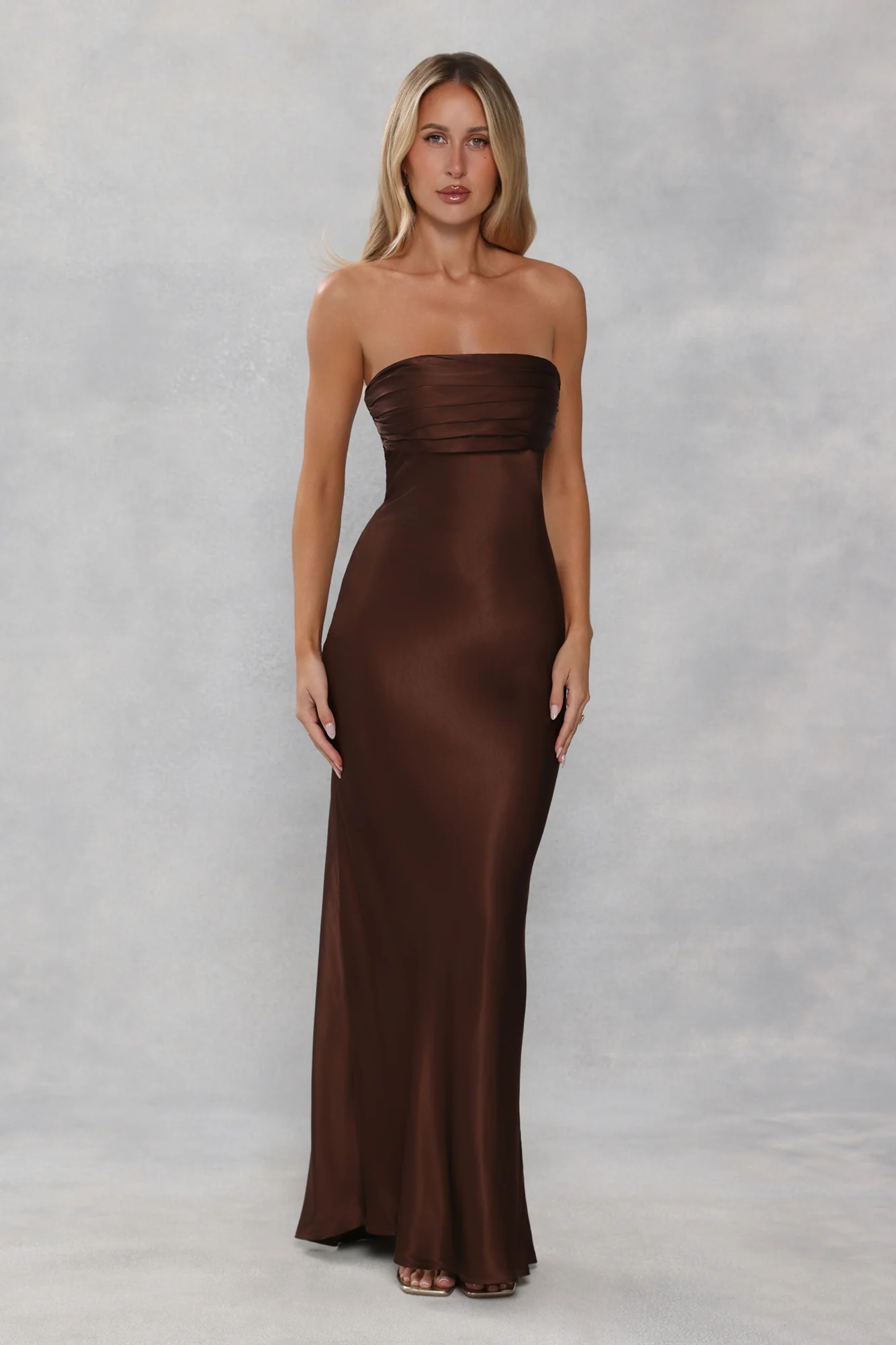 The Seraphina Strapless Satin Maxi Dress Chocolate Brown
