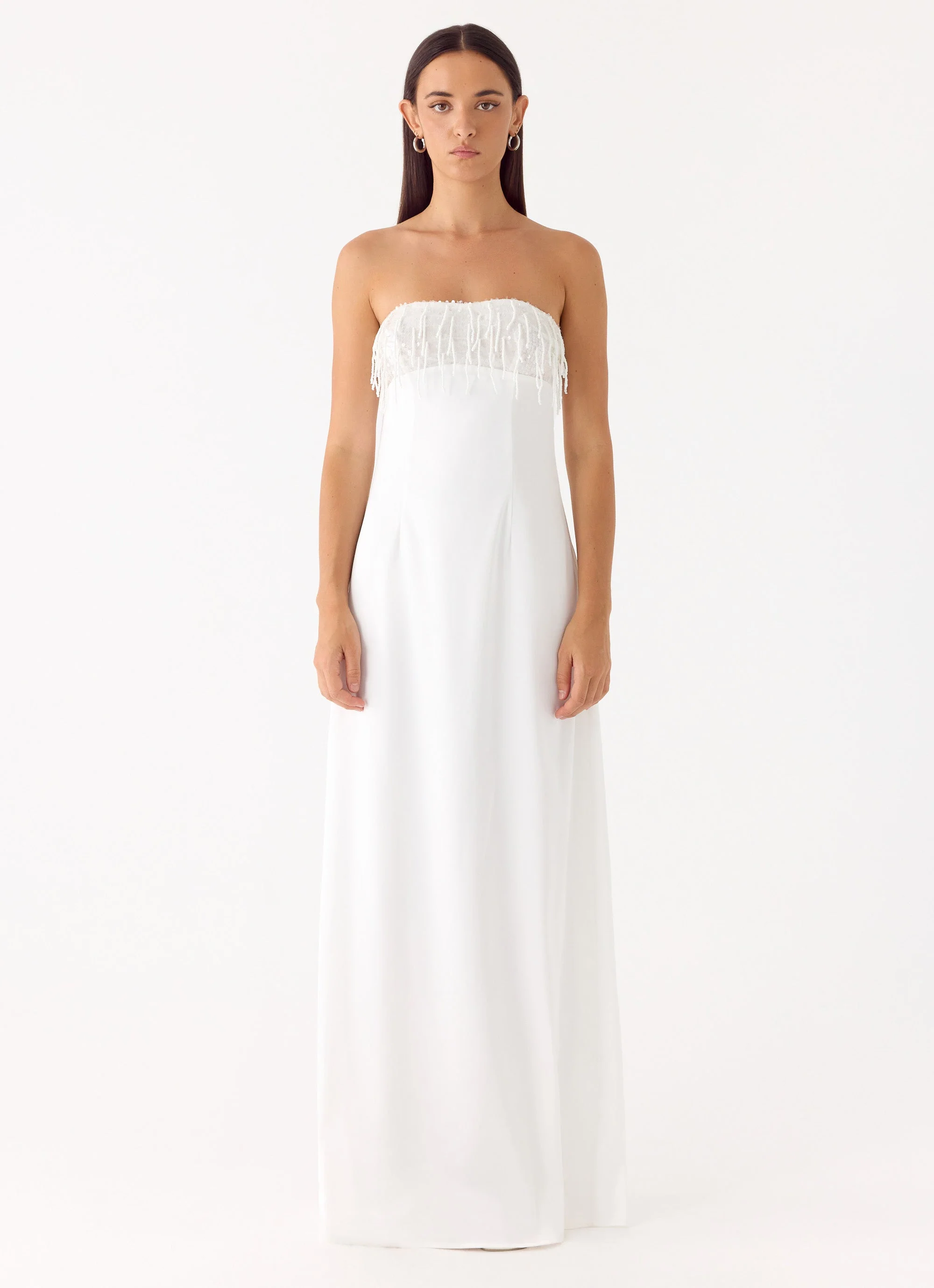 Miftie Beaded Sequin Maxi Dress - White - luluinthesky