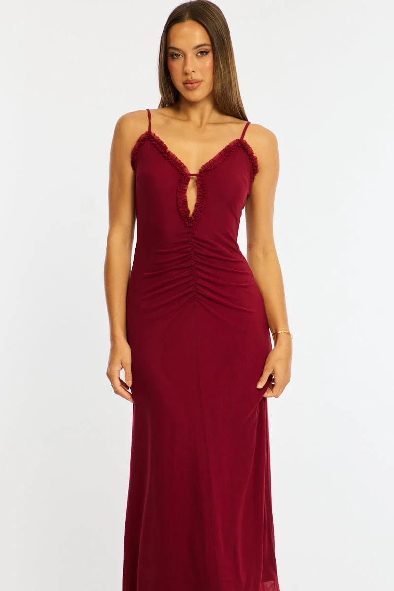 Red Maxi Dress Cut Out Detail Mesh
