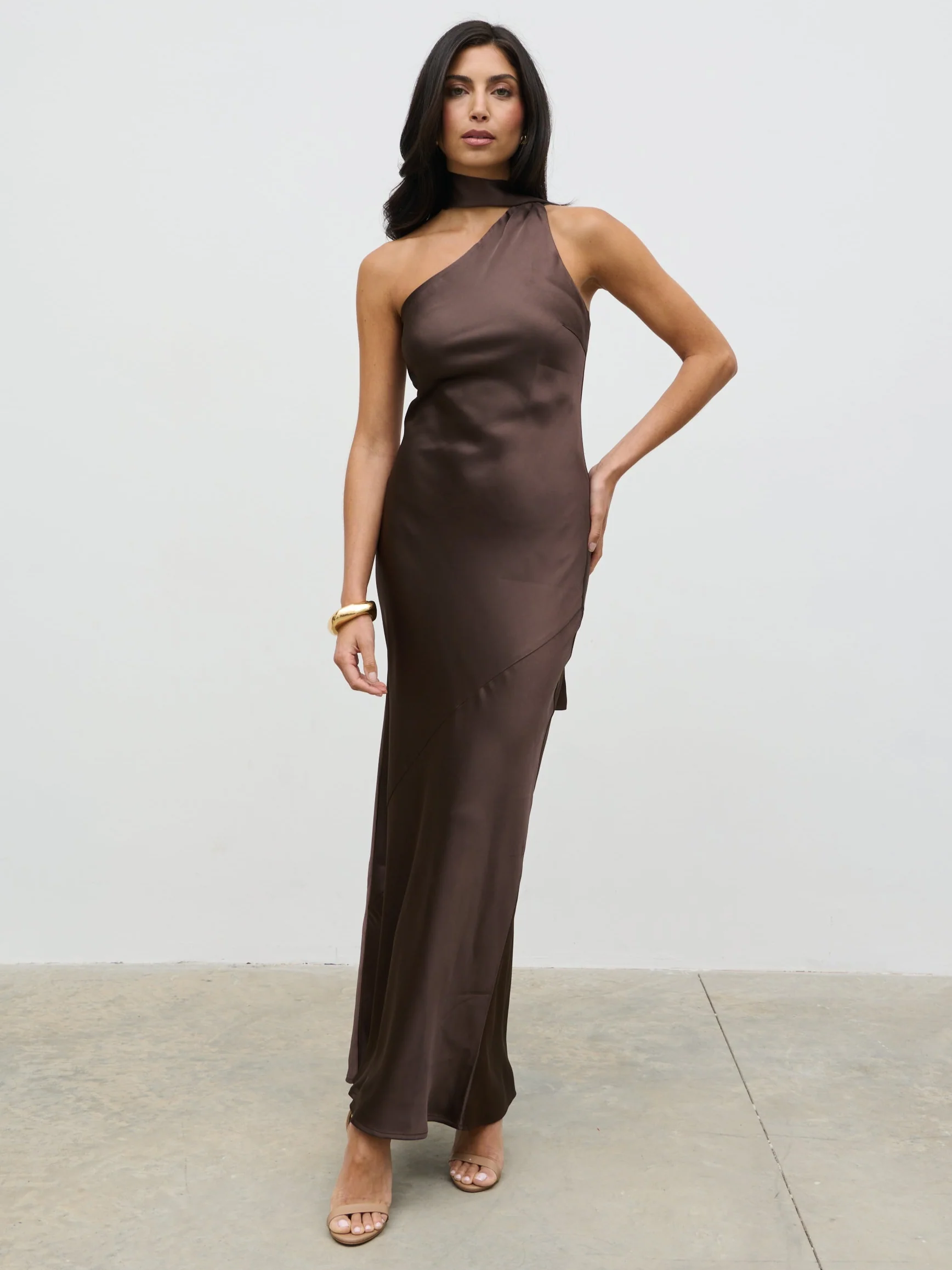 Sheree One Shoulder Sash Maxi Dress - Chocolate Brown