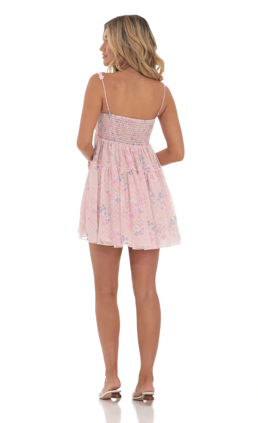 Dotted Floral Babydoll Dress in Pink