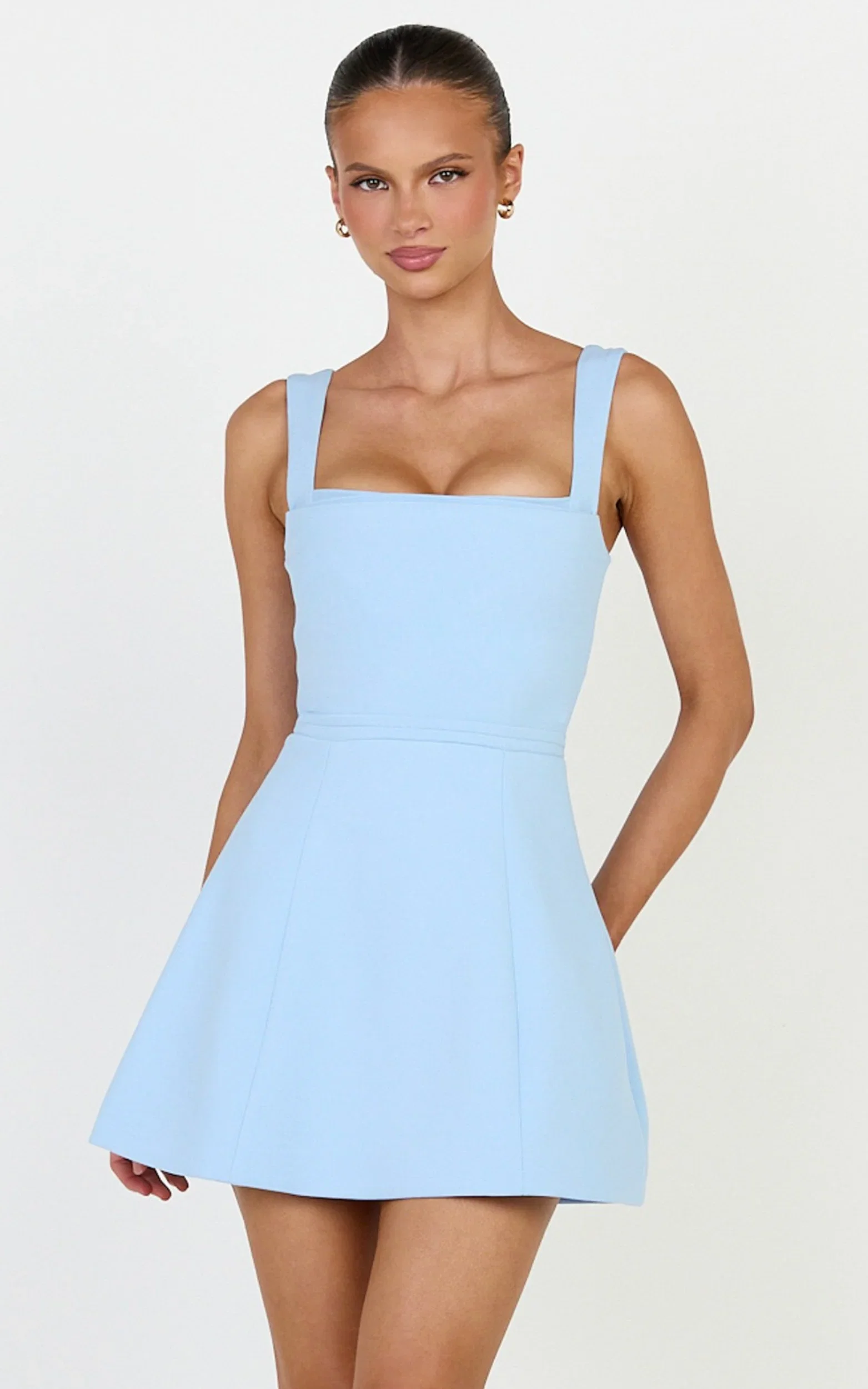 Donna Mini Dress - Square Neck Pin Tucked Waist Tulip Skirt Dress in Light Blue