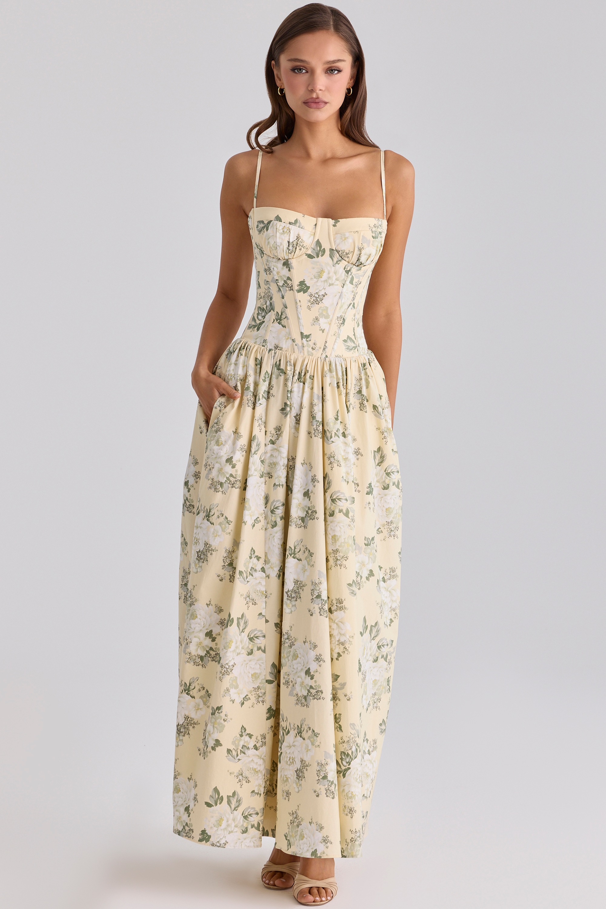 lemon floral print cotton maxi dress