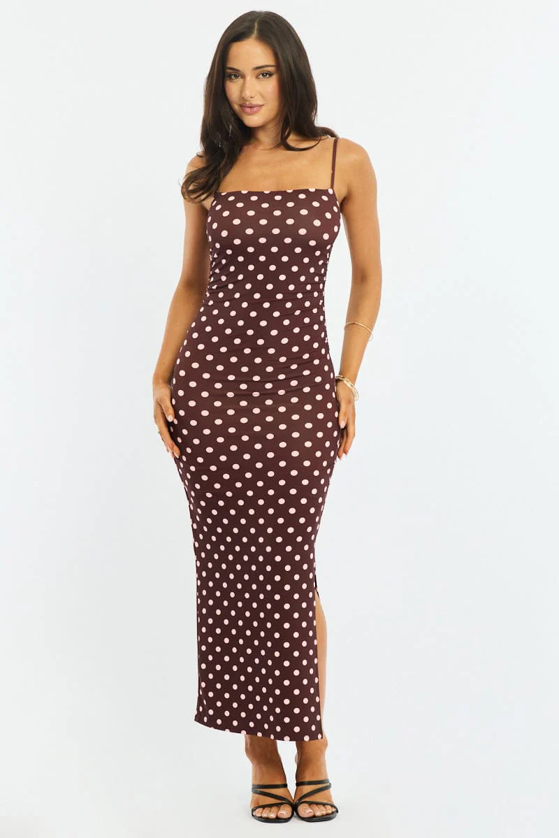 Red Polka Dot Bodycon Dress Maxi