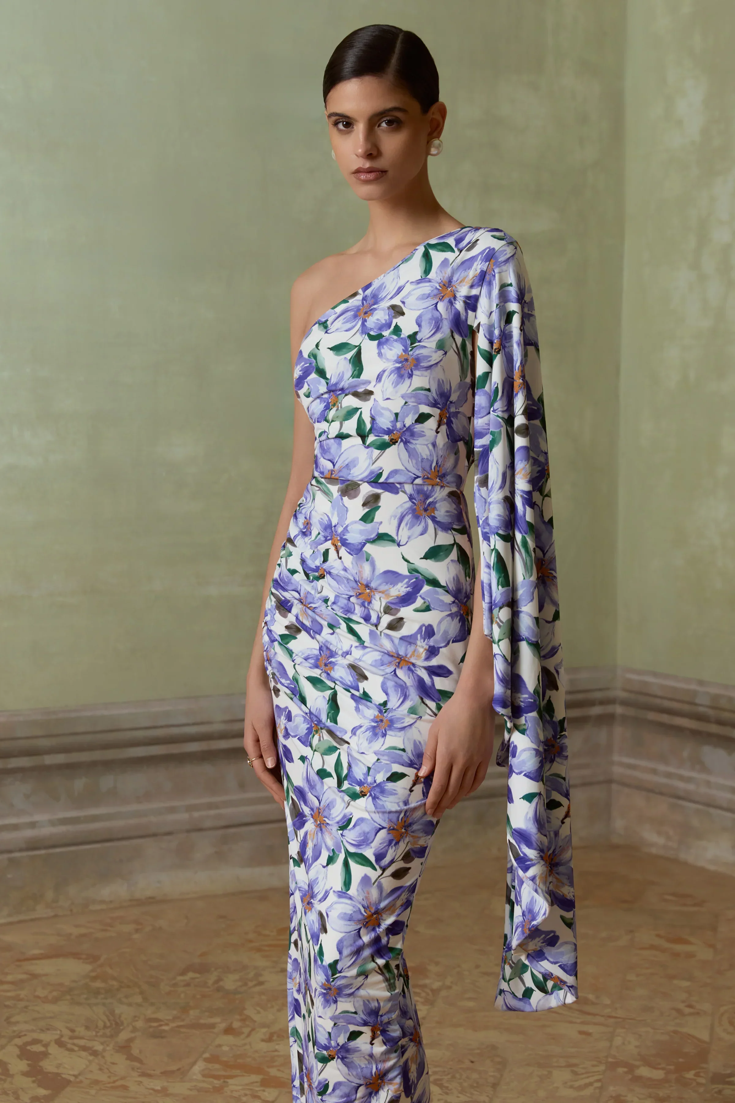 Clementina | Purple Lily Print Asymmetric Cape Sleeve Maxi Dress