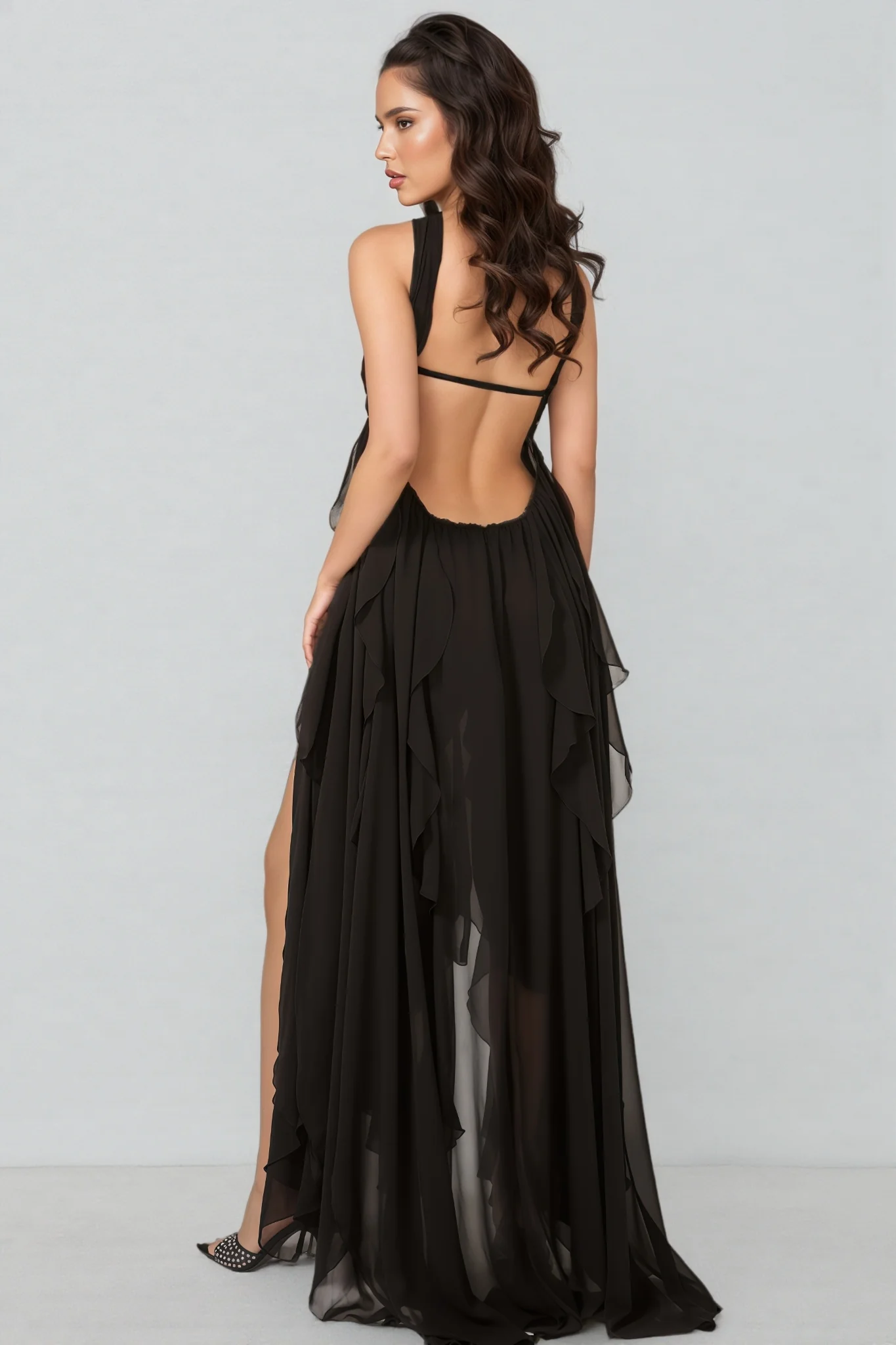 Diva Black Irregular Ruffle Maxi Dress