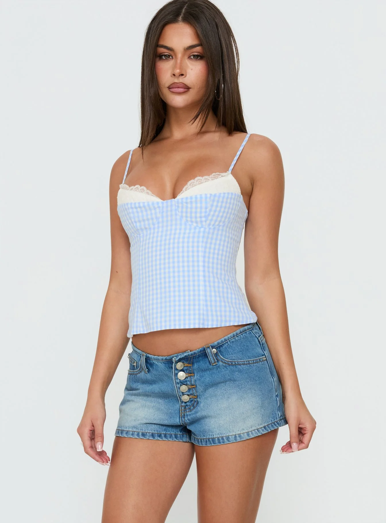 Baby Steps Spliced Bust Detail Cami Top Blue Gingham