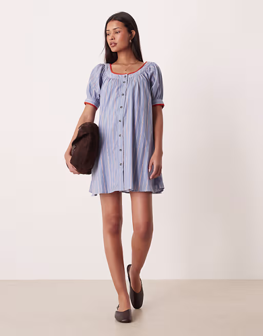 babydoll button down mini dress in blue and red stripes