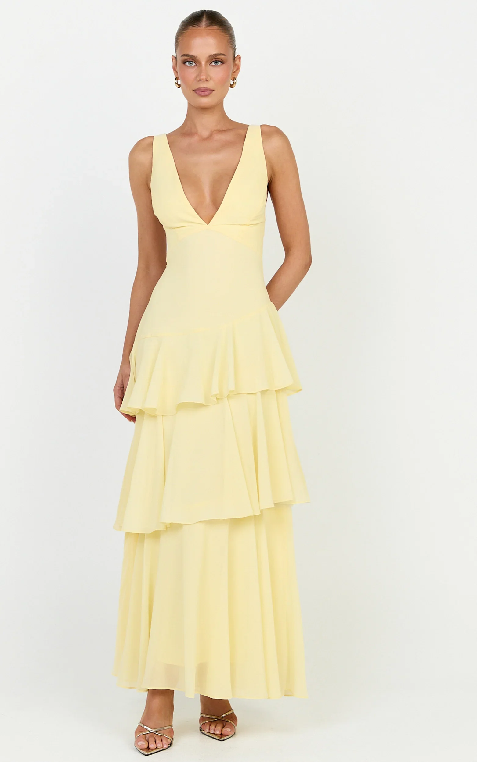 Beryl Midi Dress - Deep V Neck Sleeveless Layered Dress in Lemon