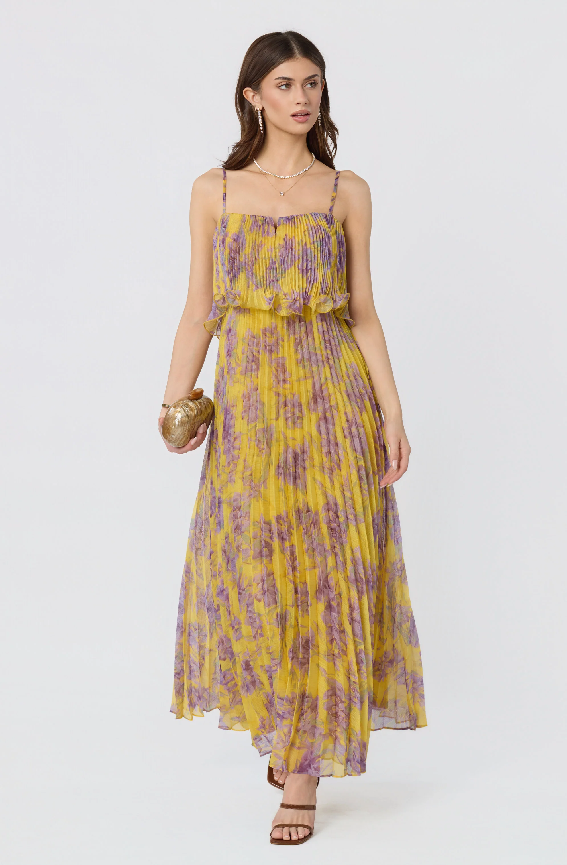 Makennah Plissé Floral Maxi Dress