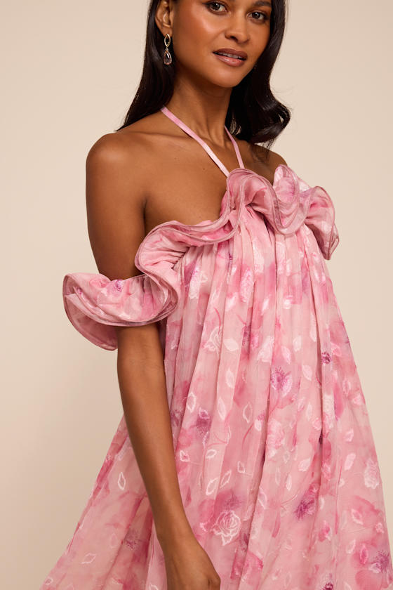 Amia Pink Floral Burnout Ruffled Shift Maxi Dress