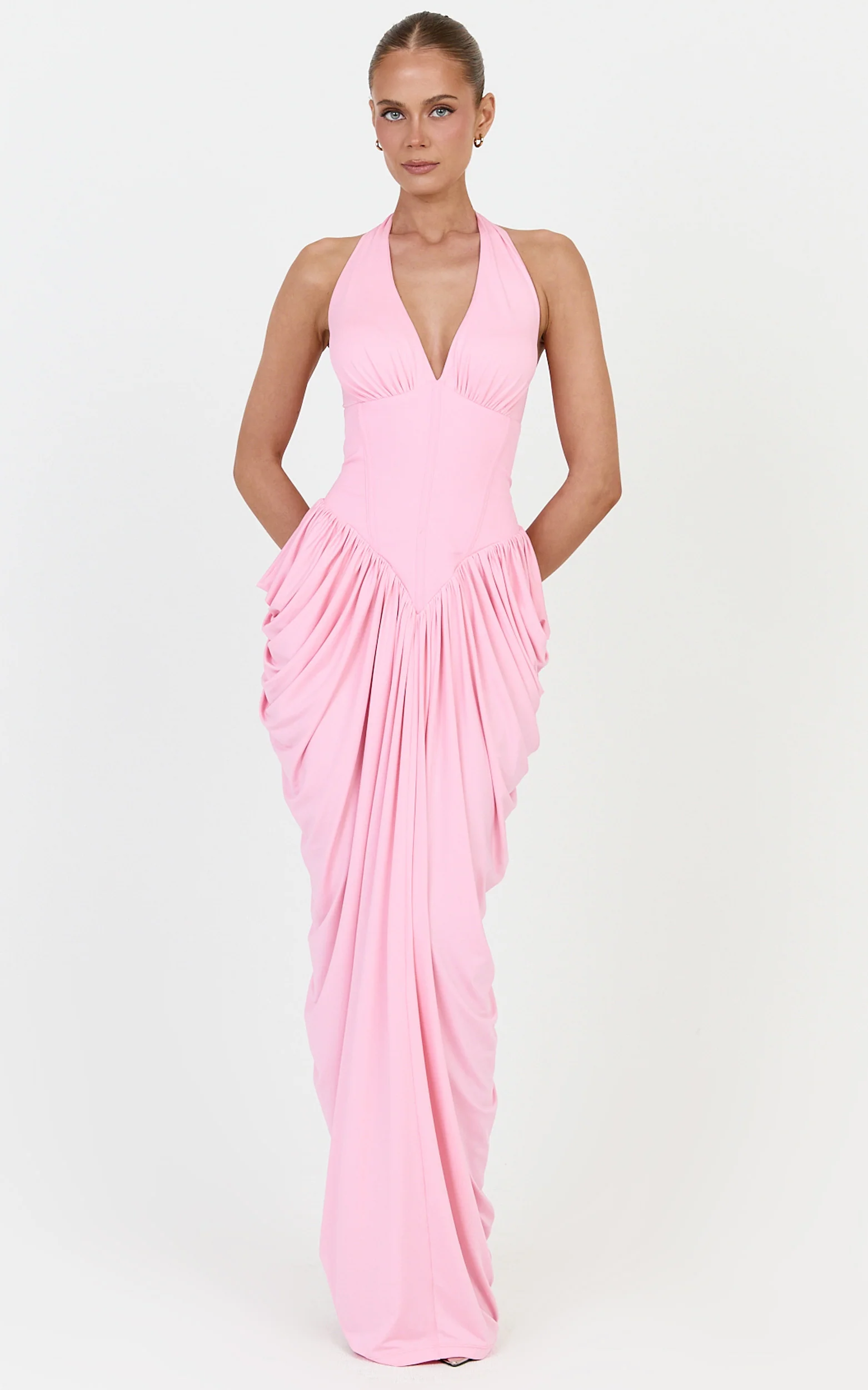 Margaux Maxi Dress - Halter Neck Corset Bodice Draped Dress in Pink