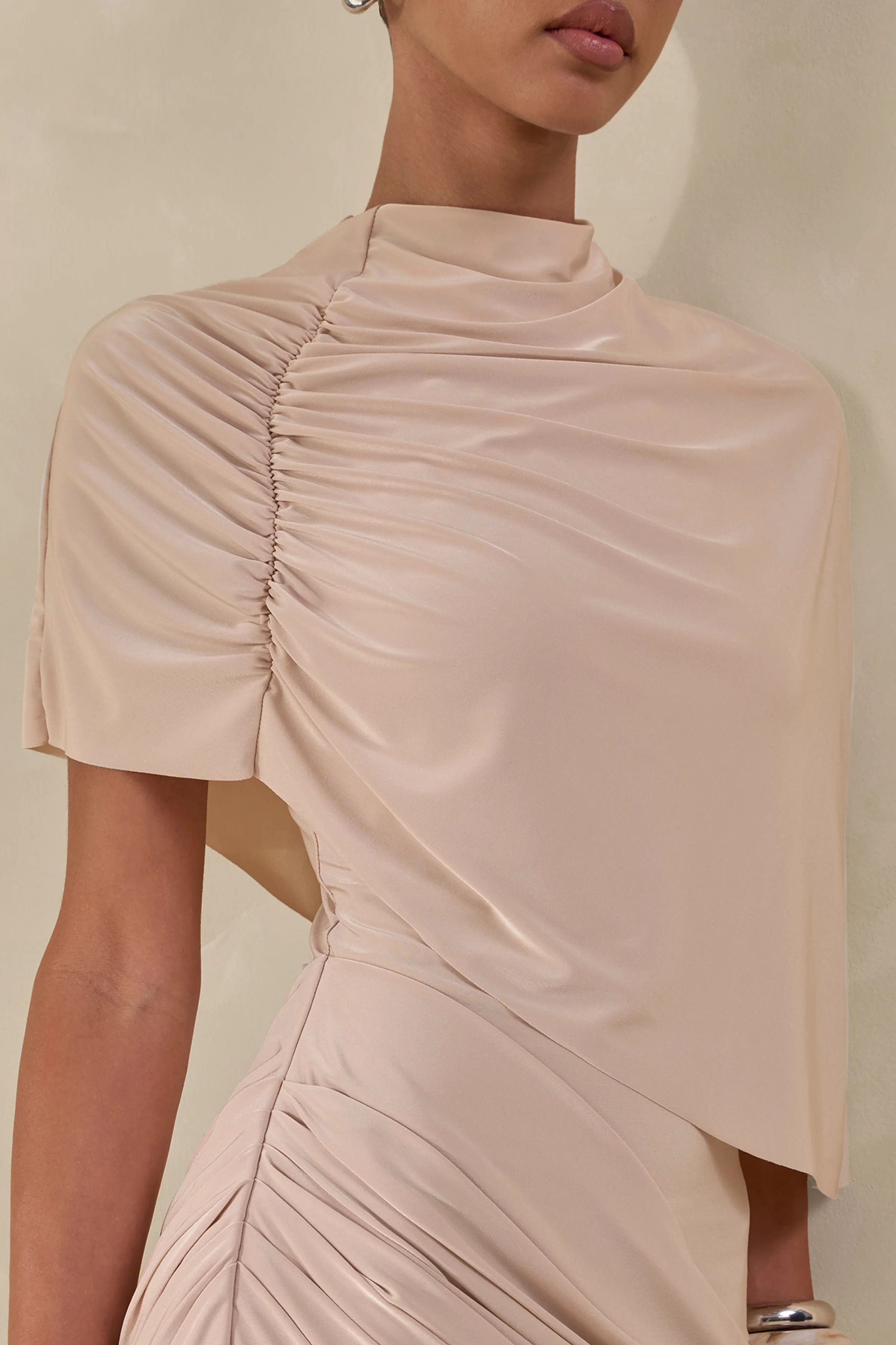 Lunaline | Champagne High-Neck Maxi Dress With Asymmetric Cape And Draped-Detailing