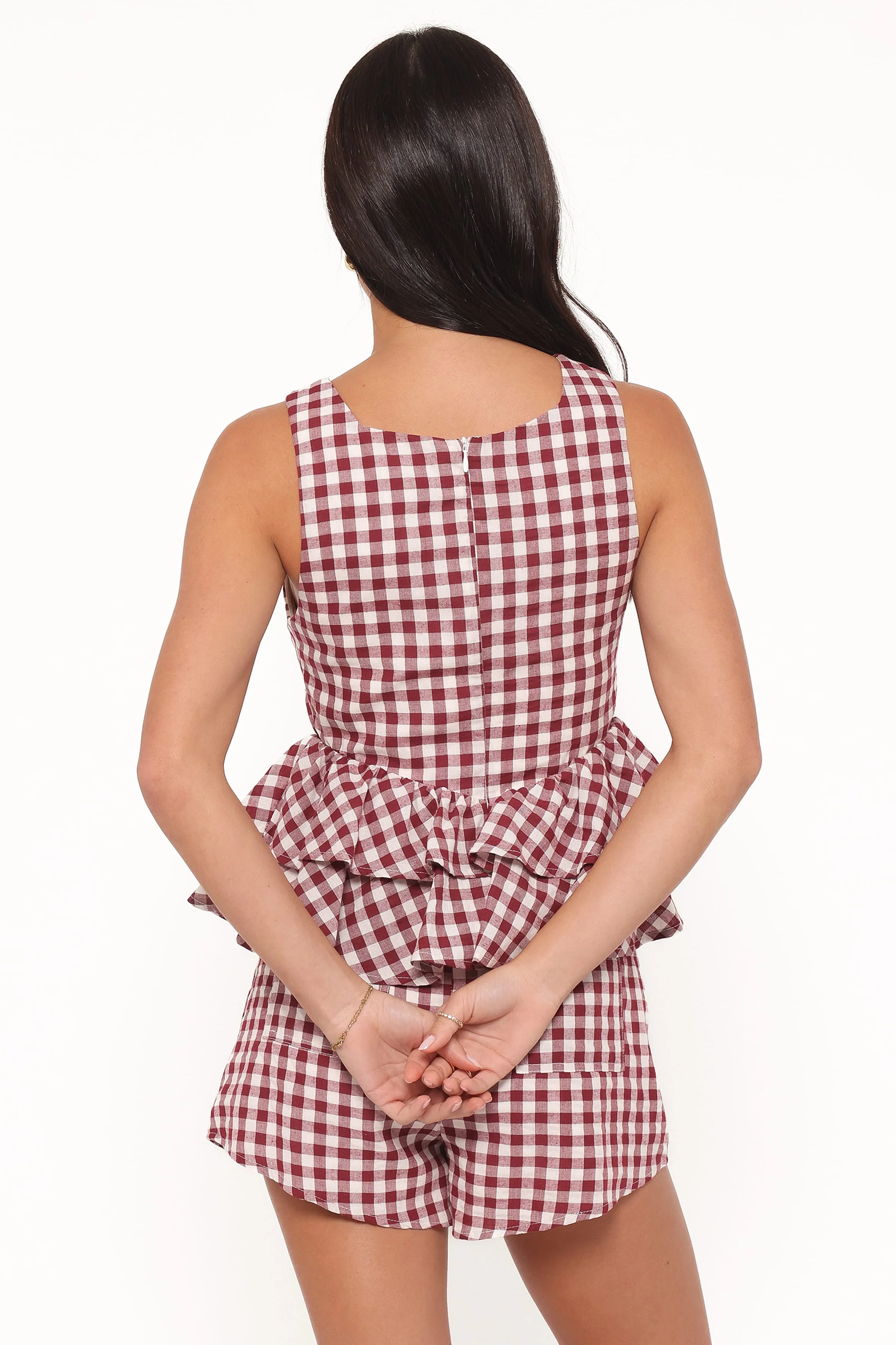 Landon Tiered Peplum Top - Burgundy Gingham
