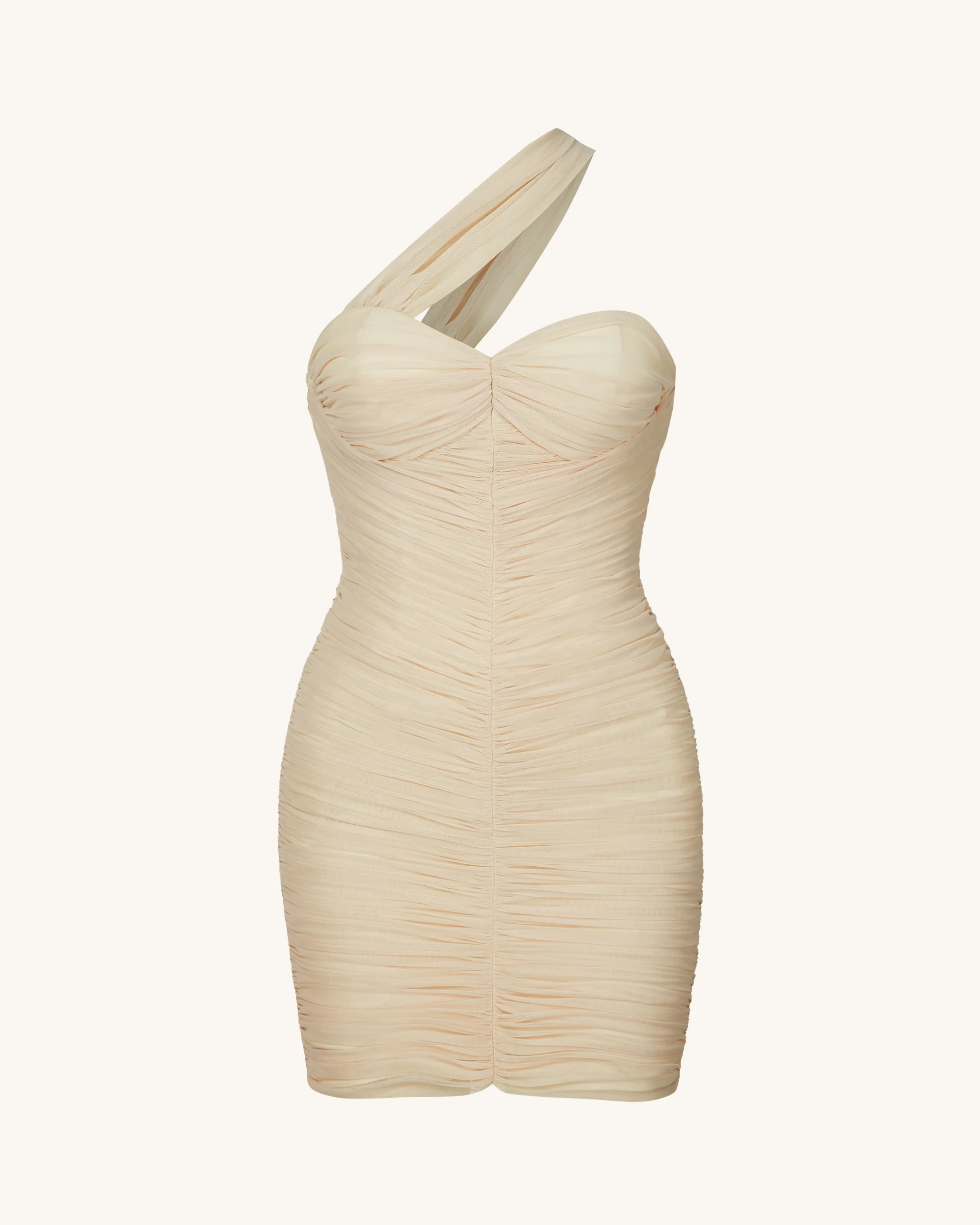 Josephine One-Shoulder Ruched Mini Dress - Nude - FASHION NOB
