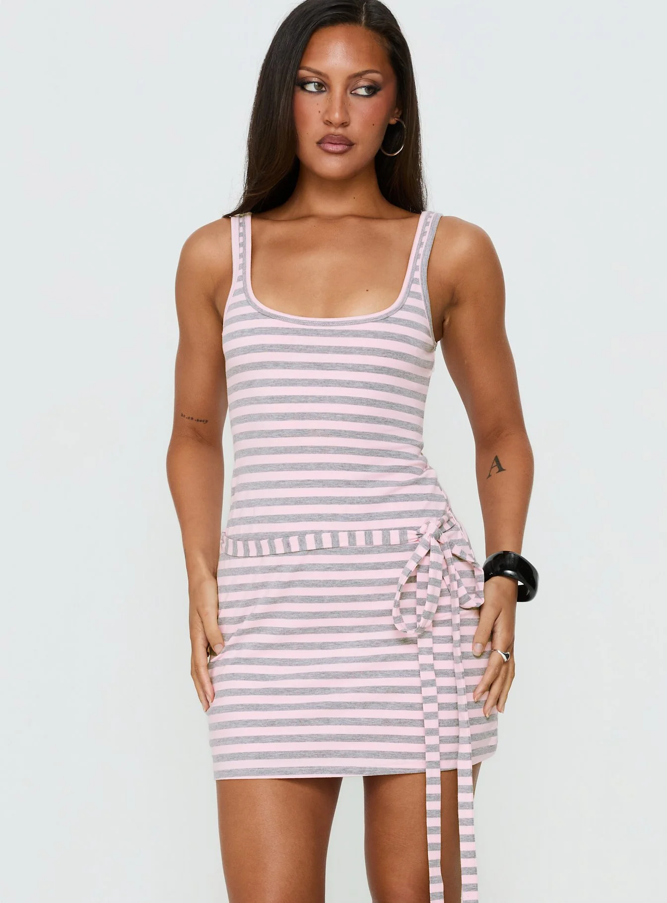 Favourite Daughter Tie Detail Mini Dress Pink / Grey Stripe