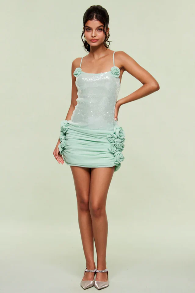 Sequin Floral Draped Corset Dress