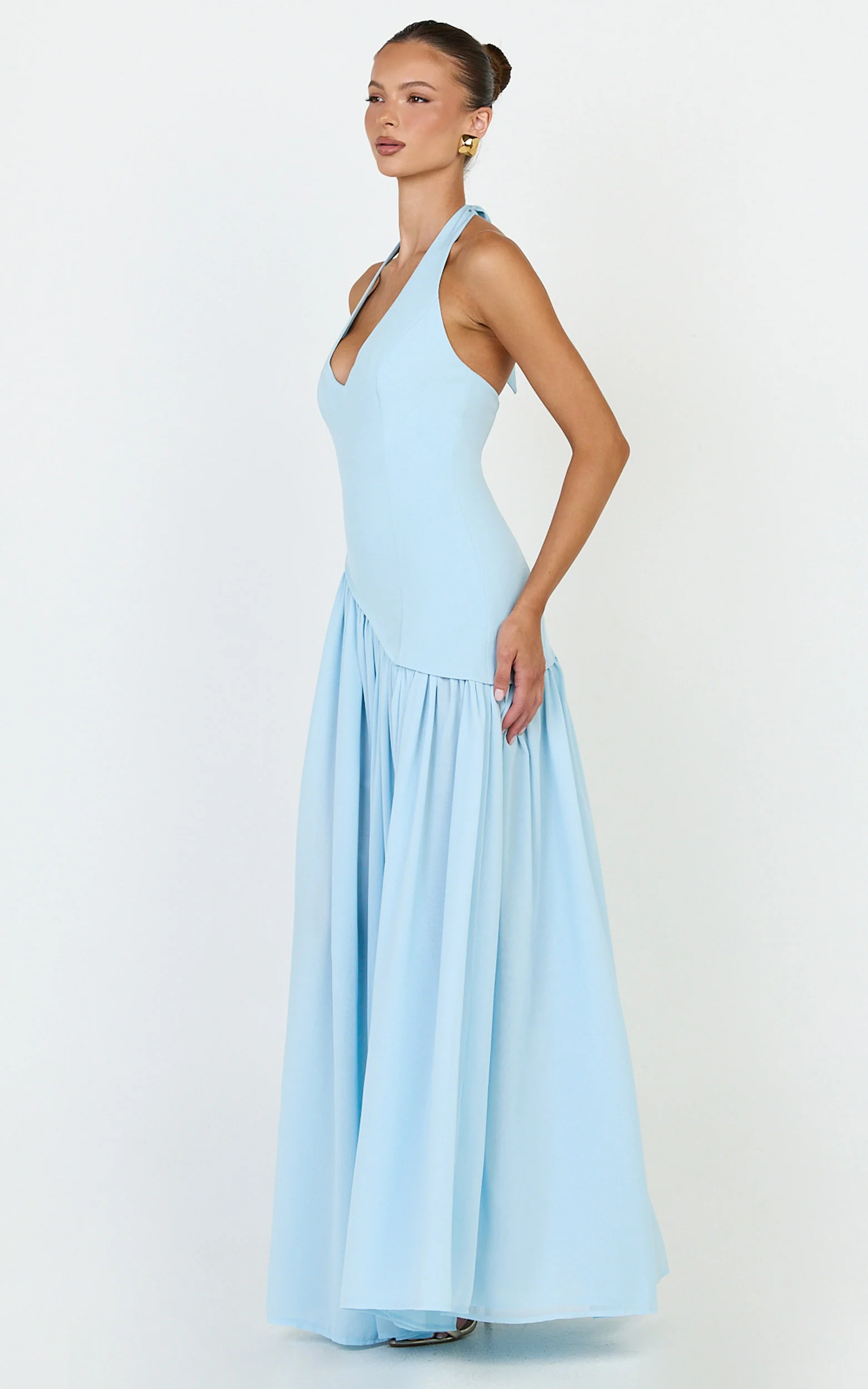 Calla Maxi Dress - Halter Neck Asymmetric Dropped Waist Dress in Blue