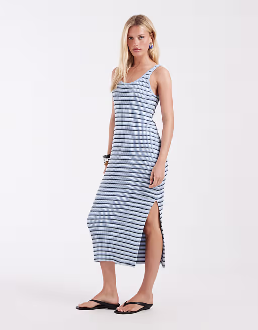 & Other Stories ribbed striped knit maxi dress in blue and white