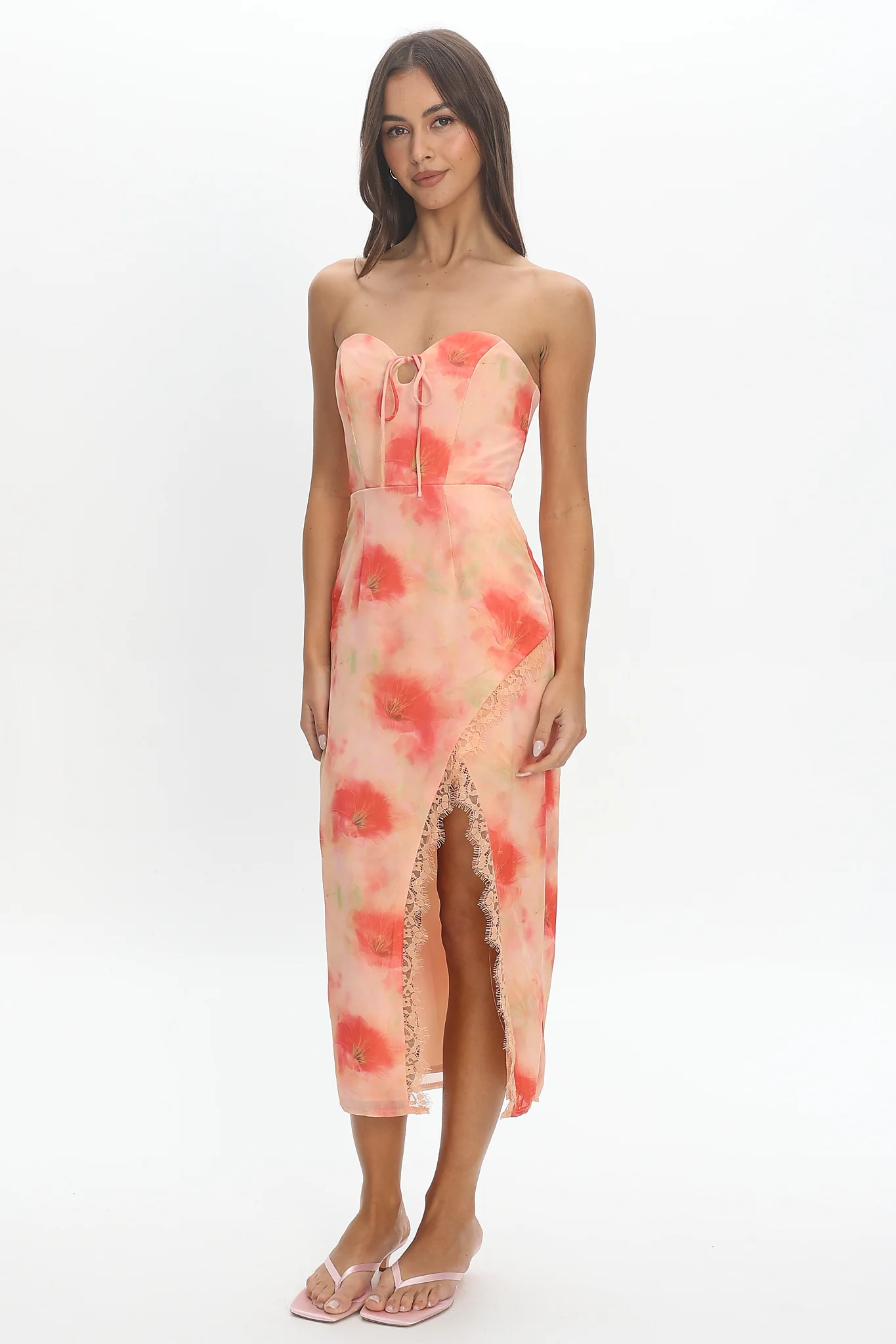 Sunny Ave Sweetheart Neckline Midi Dress Floral Red - luluinthesky