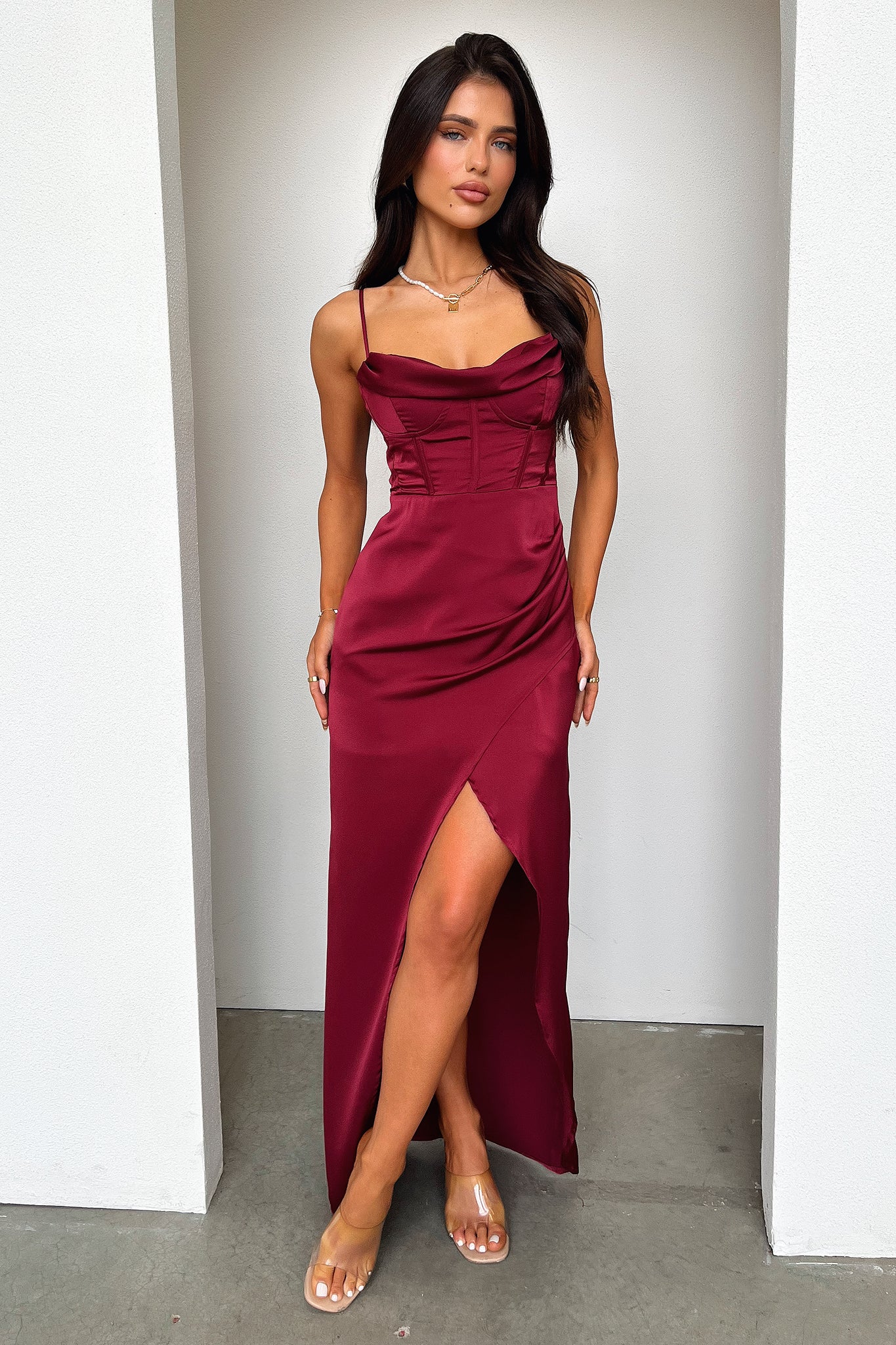 Aiana Satin Maxi Dress - Burgundy
