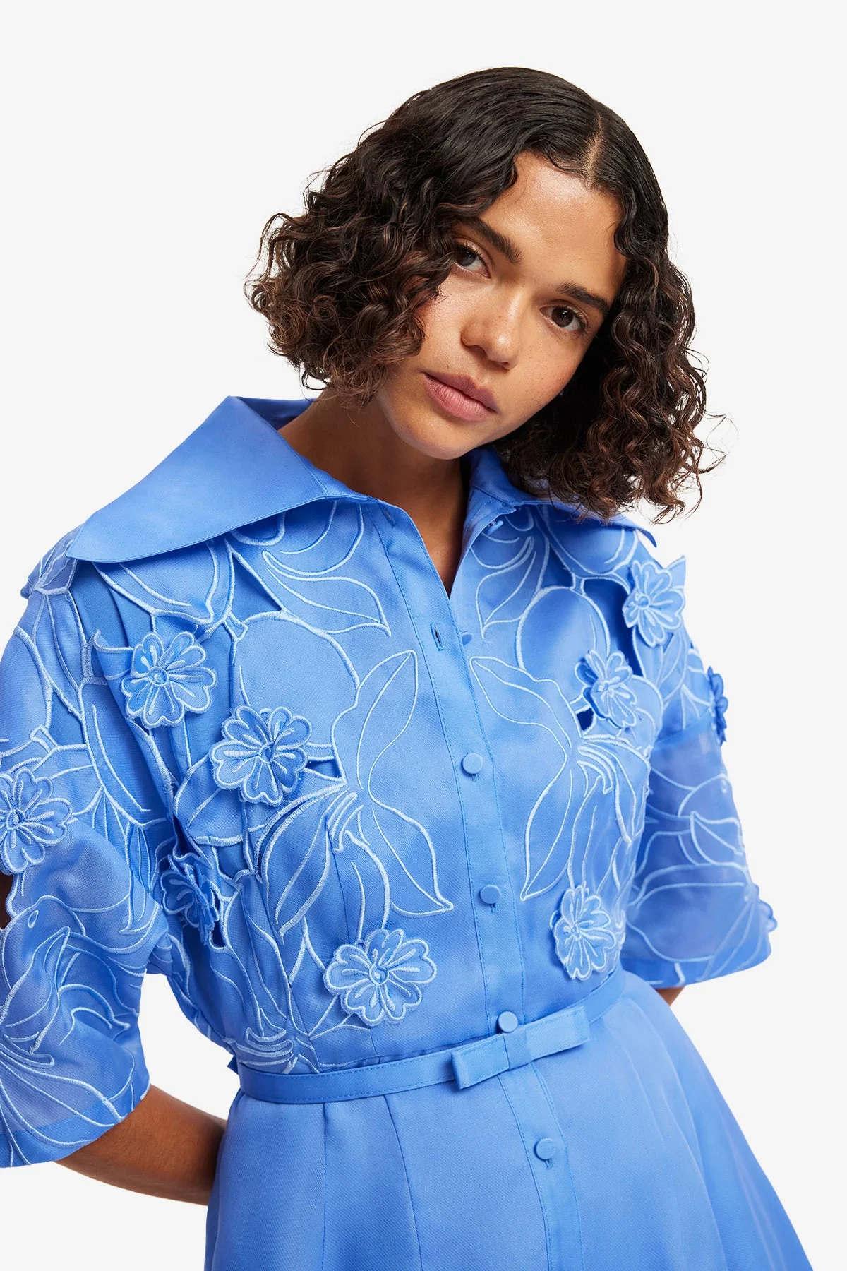 Junia Appliqué Puff Sleeve Silk Gown - Azure