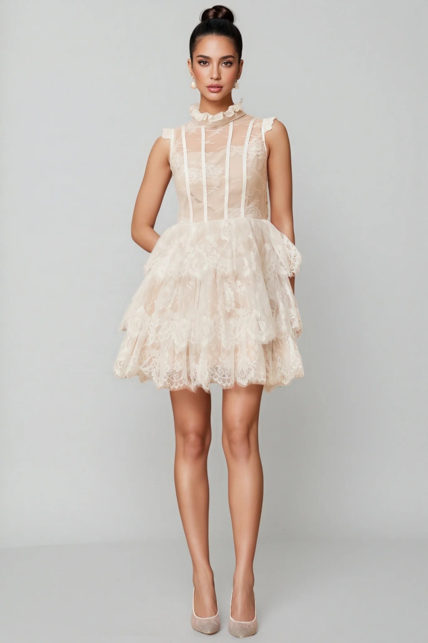 Yamaly White Floral Lace Tiered Mini Dress