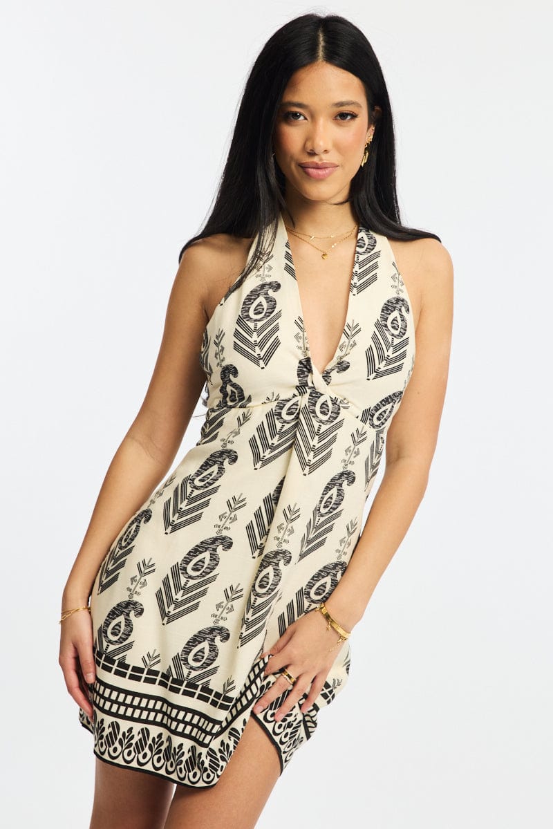 Black Abstract Halter Neck Dress Mini