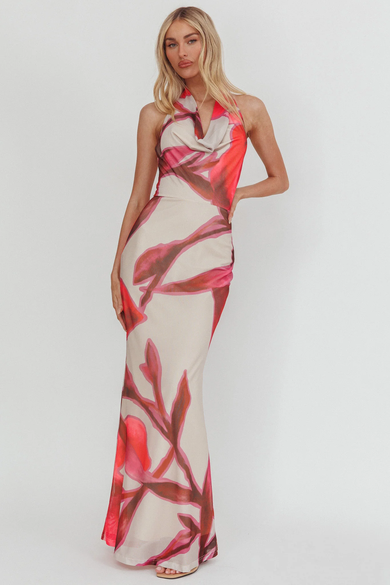 Outlier Cowl Halterneck Maxi Dress Print Beige